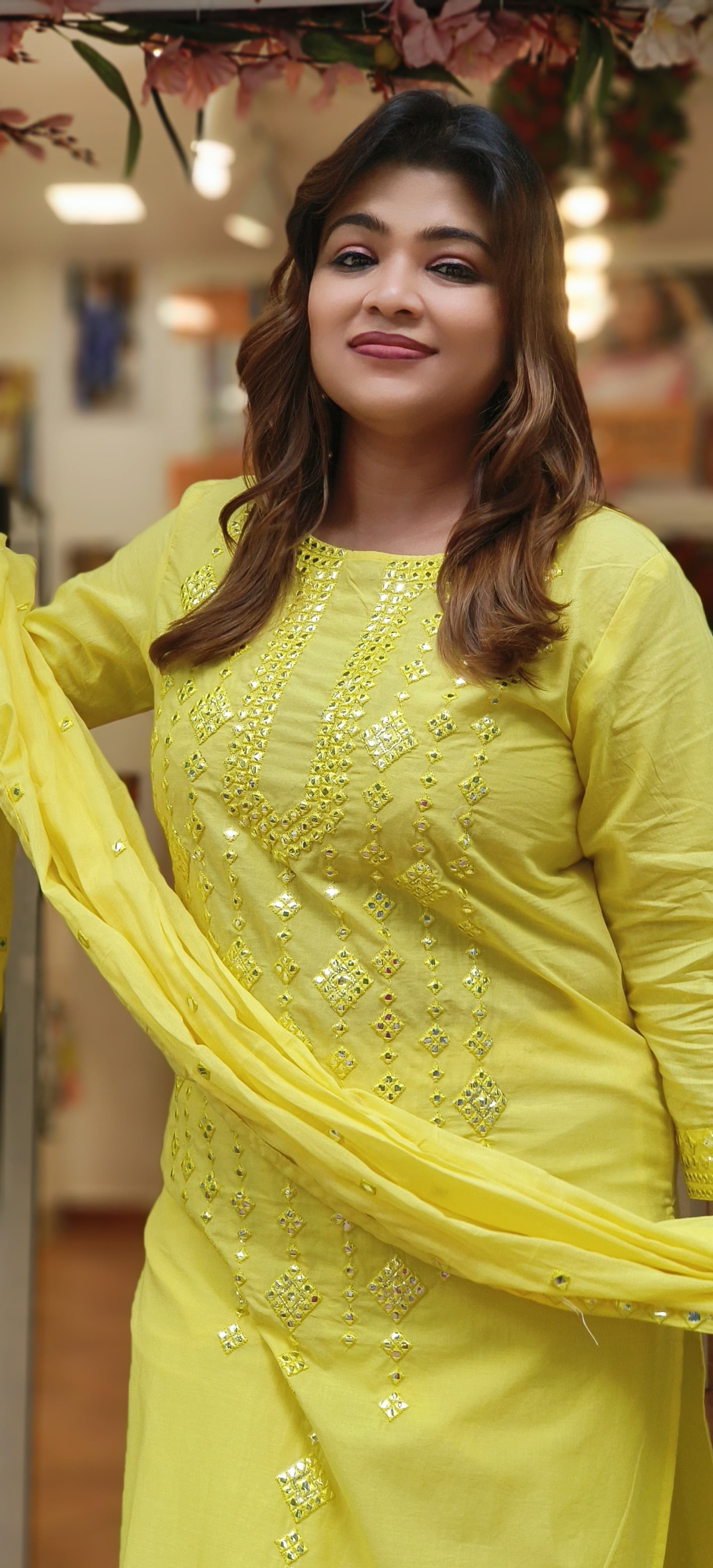 Cotton Foil Mirror Bright Yellow Full suit Set with Dupatta -06102