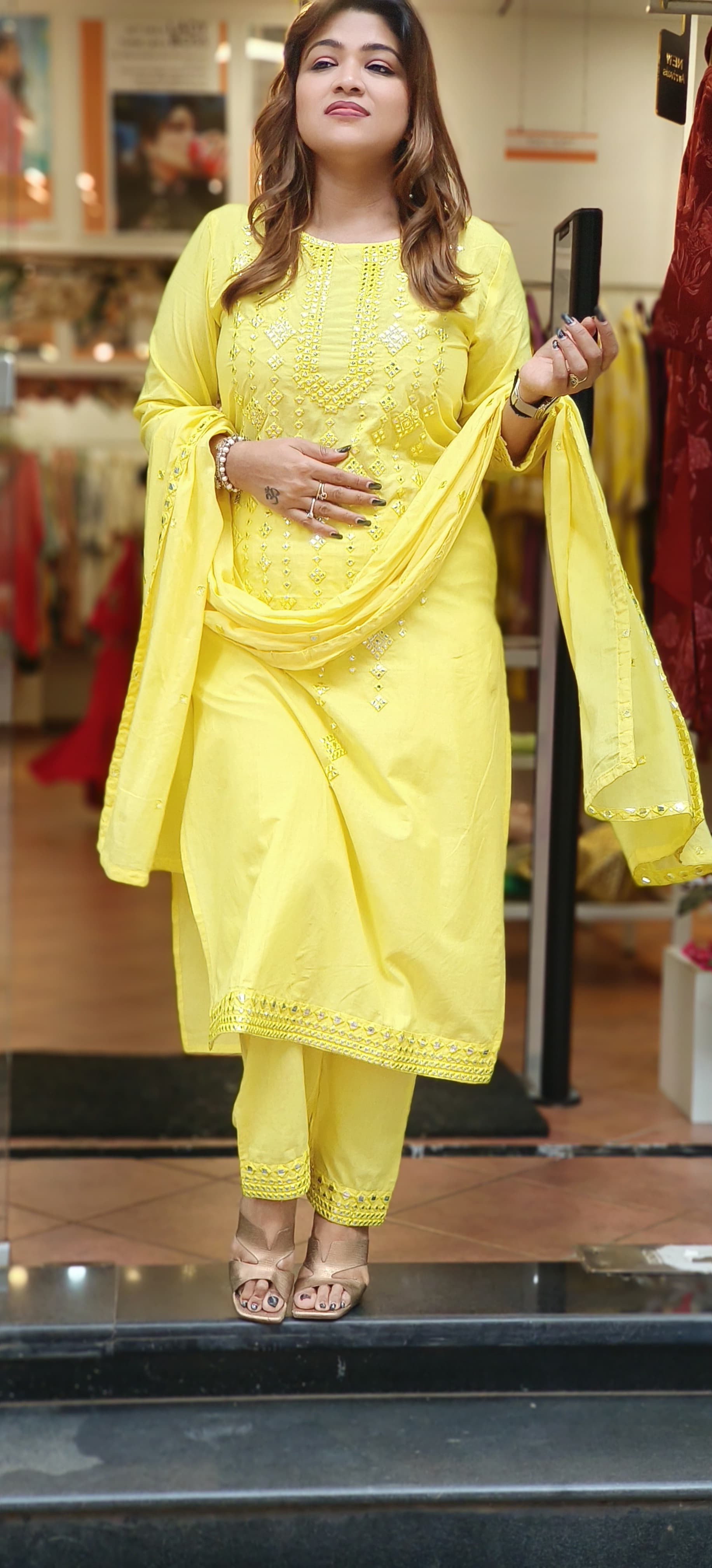 Cotton Foil Mirror Bright Yellow Full suit Set with Dupatta -06102