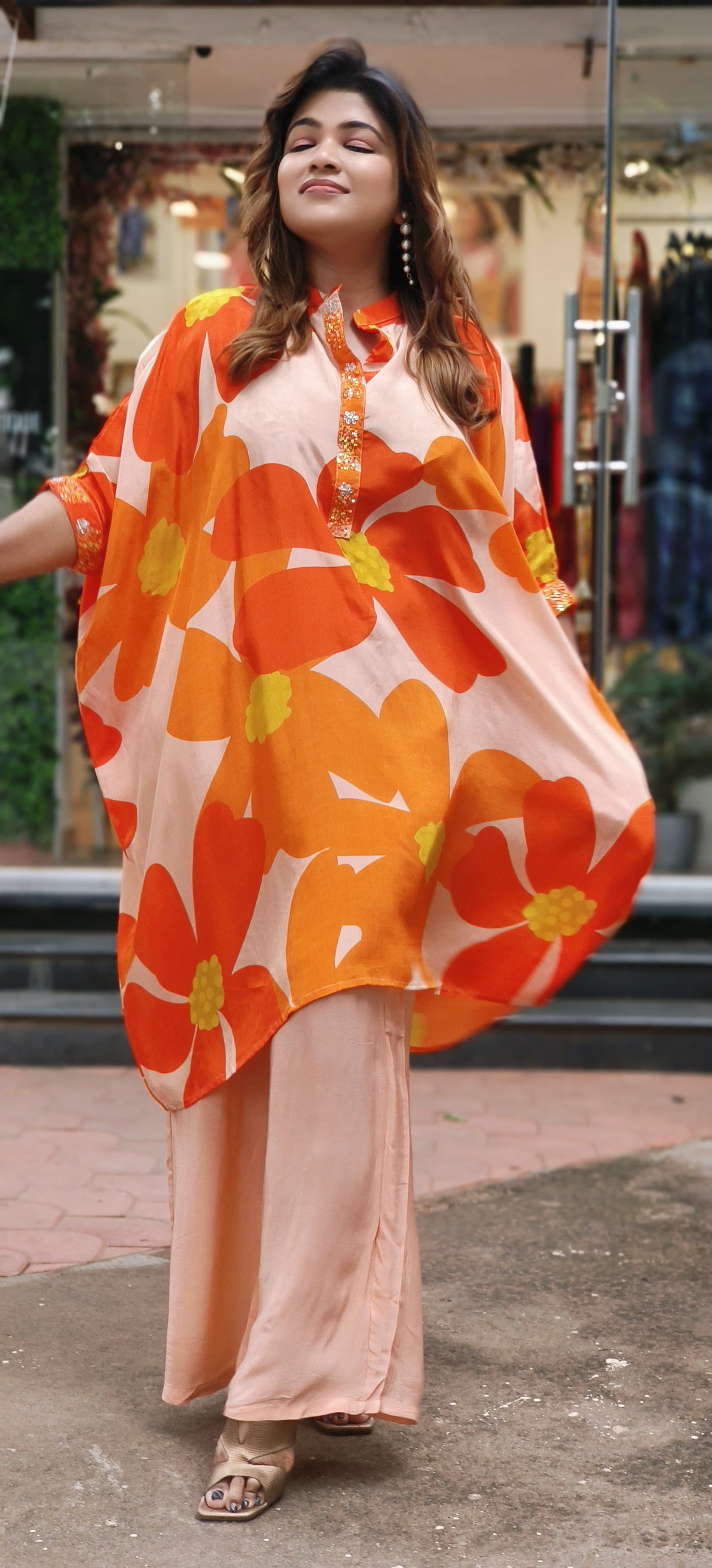 Beautiful Orange Pure Crape Printed kaftan with loose pant (set of 2) 06089