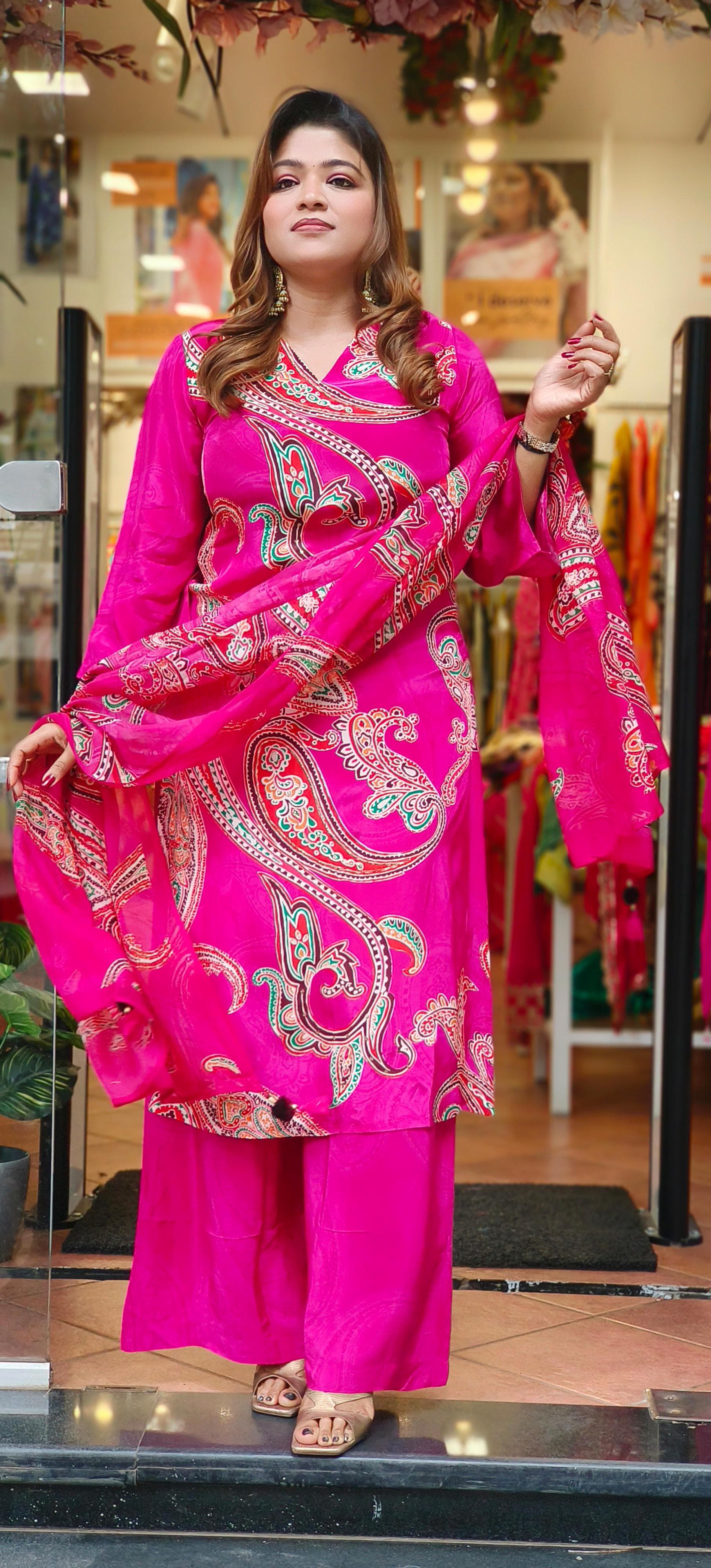 Pure Crape Beautiful Floral Print kurta with Loose Palazoo Pant And Short Scarf Dupatta DRY WASH-05368