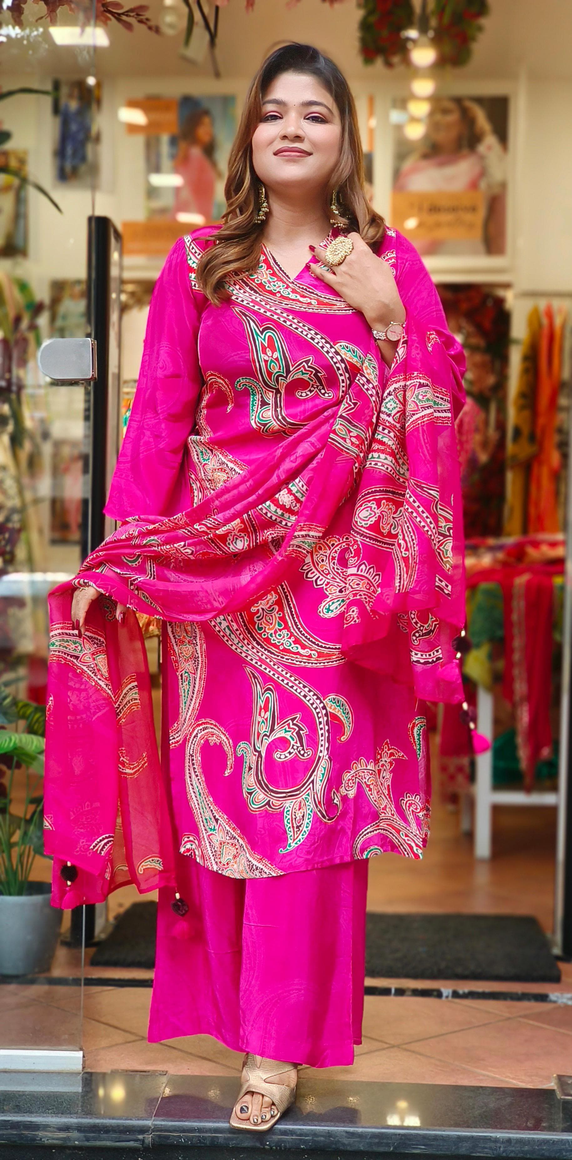 Pure Crape Beautiful Floral Print kurta with Loose Palazoo Pant And Short Scarf Dupatta DRY WASH-05368