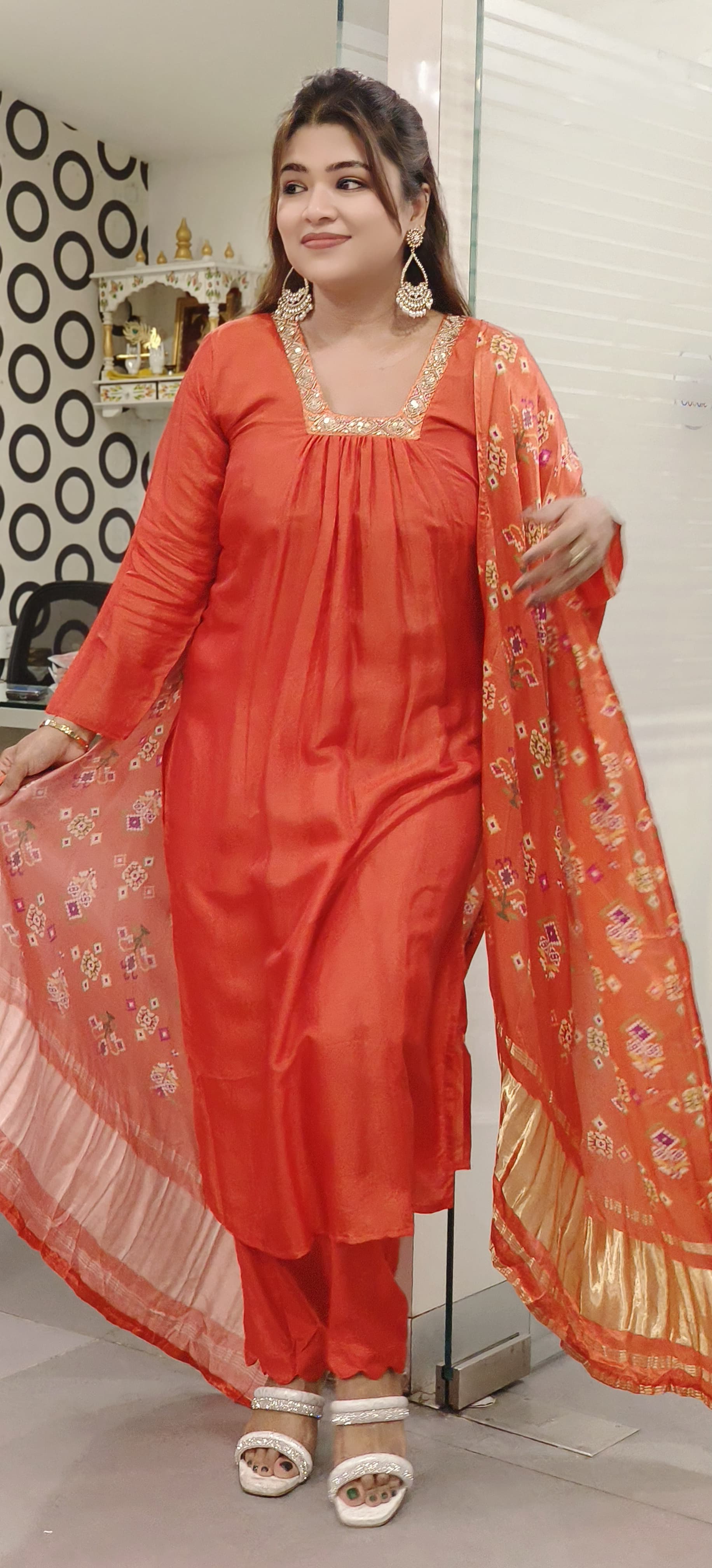 Vibrant Orange Kurta Set with Floral Dupatta and Square Neckline-06681