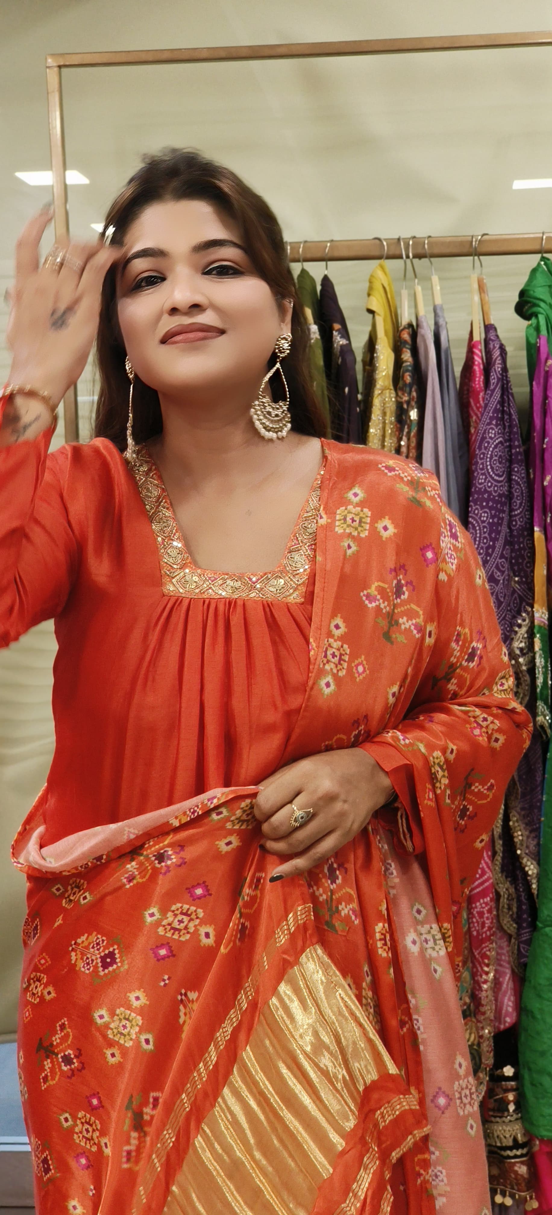 Vibrant Orange Kurta Set with Floral Dupatta and Square Neckline-06681