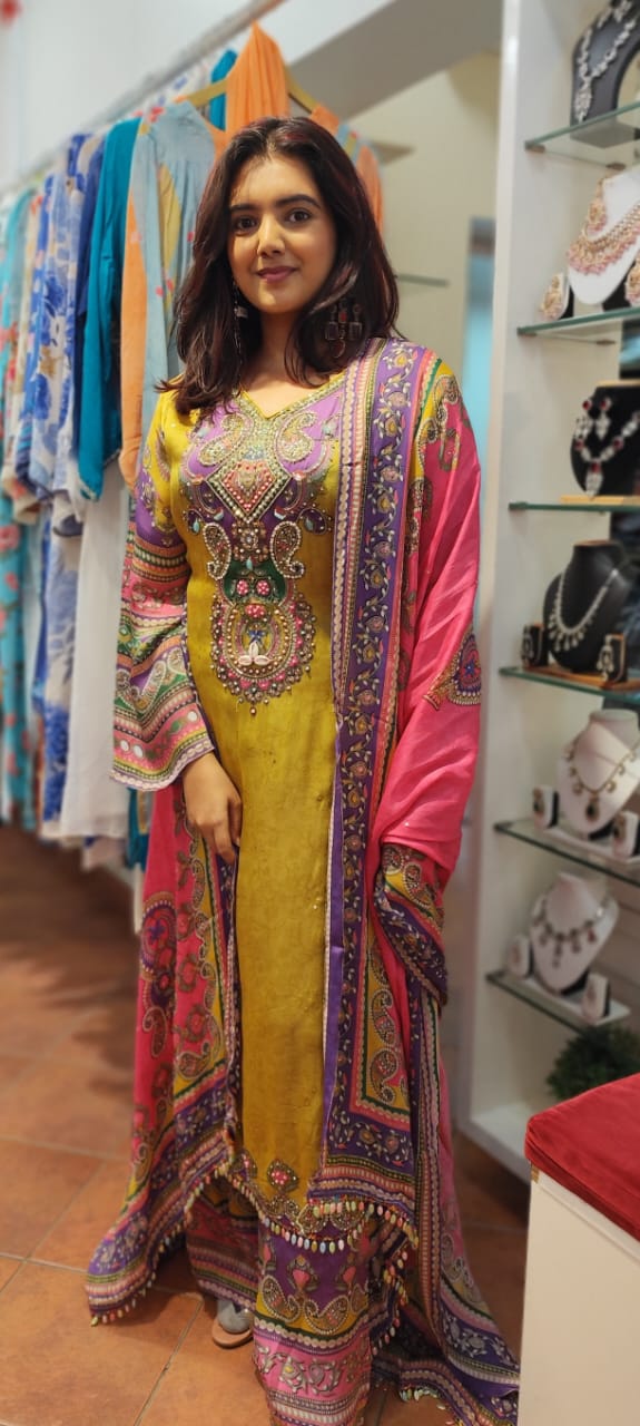 Beautiful Pakistani style  Long Organza Printed with Embroidered full suit set