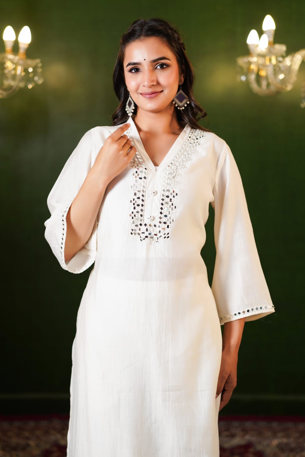 Real Mirror Embroidered Neck High Low Kurta Pant -07165