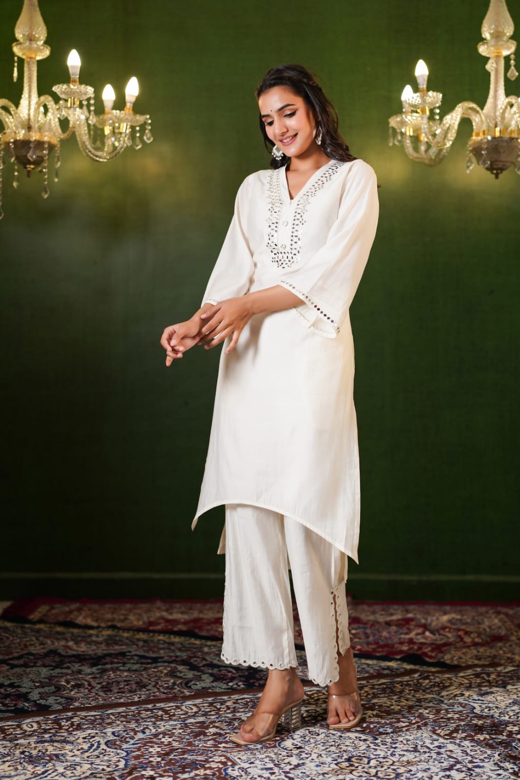 Real Mirror Embroidered Neck High Low Kurta Pant -07165