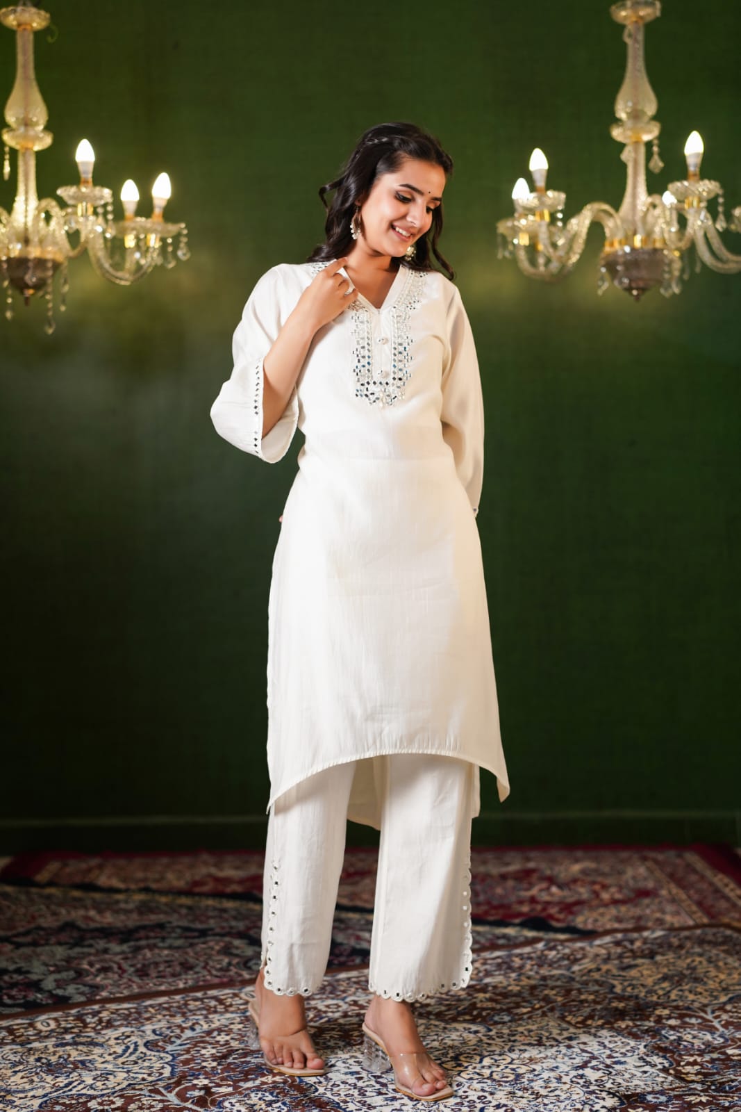 Real Mirror Embroidered Neck High Low Kurta Pant -07165