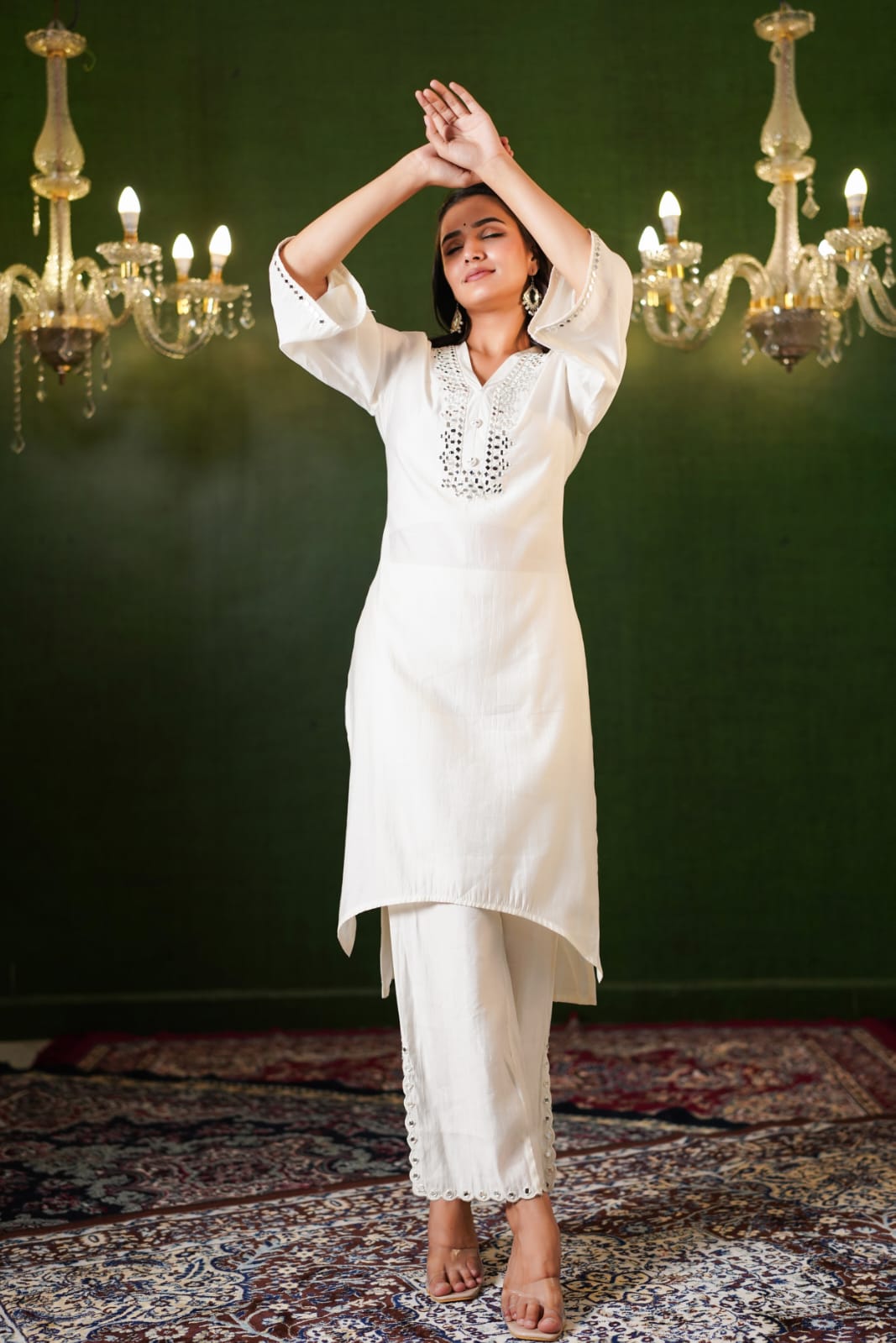 Real Mirror Embroidered Neck High Low Kurta Pant -07165