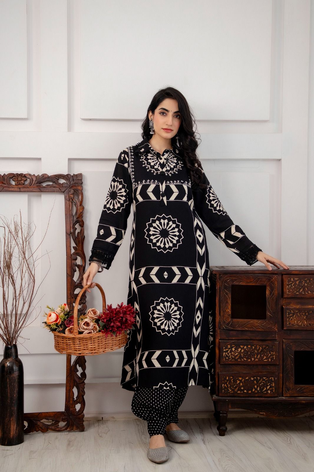 German Rayon Collar Style Kurta With Polka Dot Palazzo