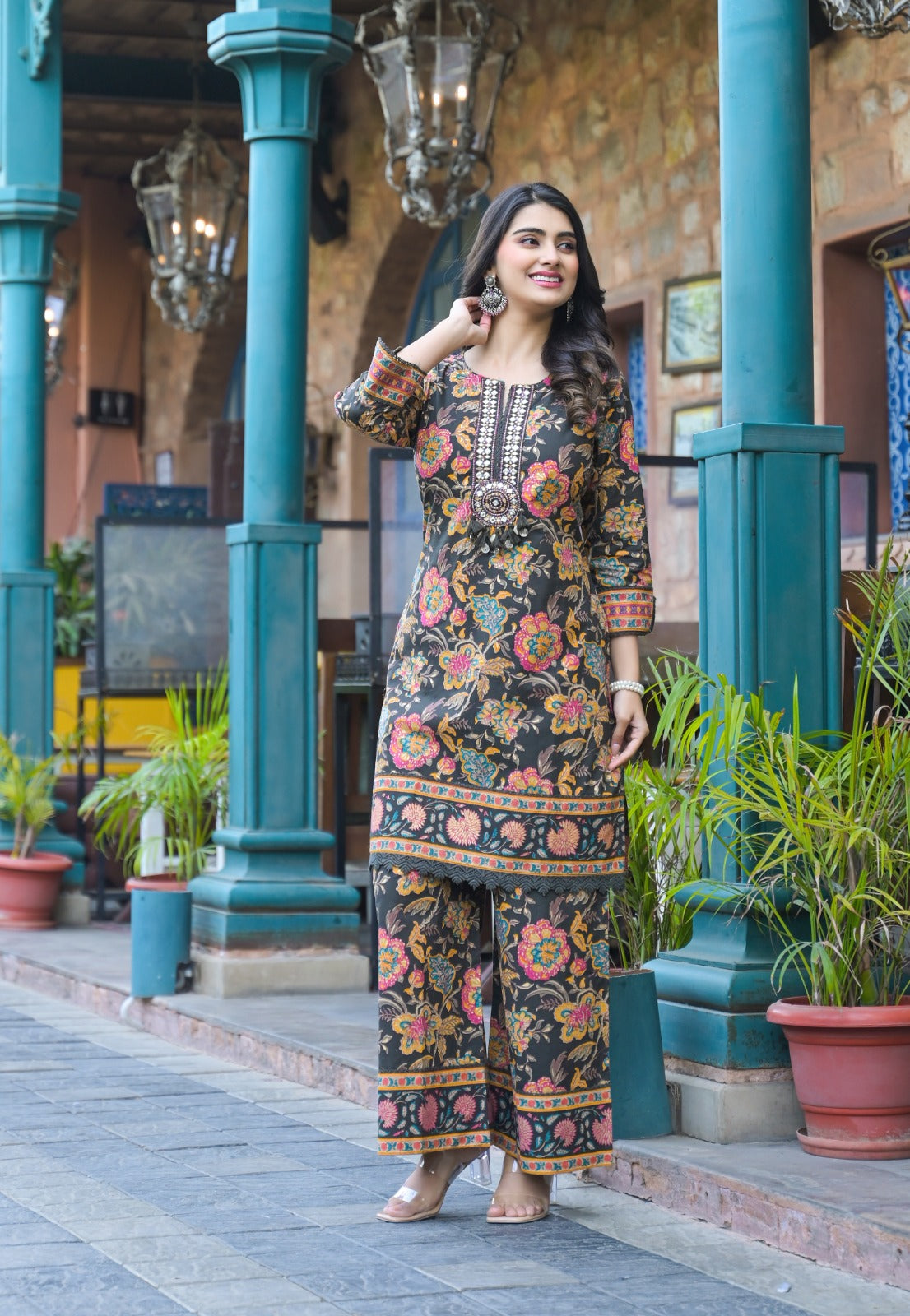 Cotton Flower Print Embroidered Neck Kurta Pant-08502-08486