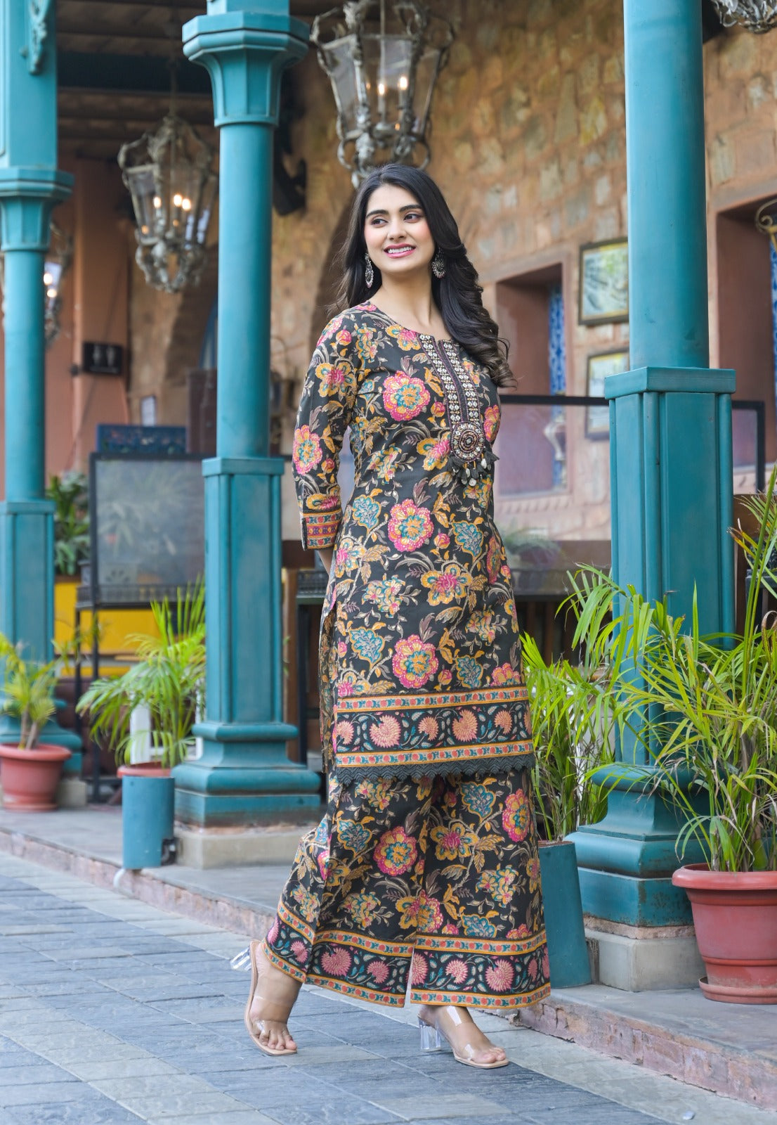 Cotton Flower Print Embroidered Neck Kurta Pant-08502-08486