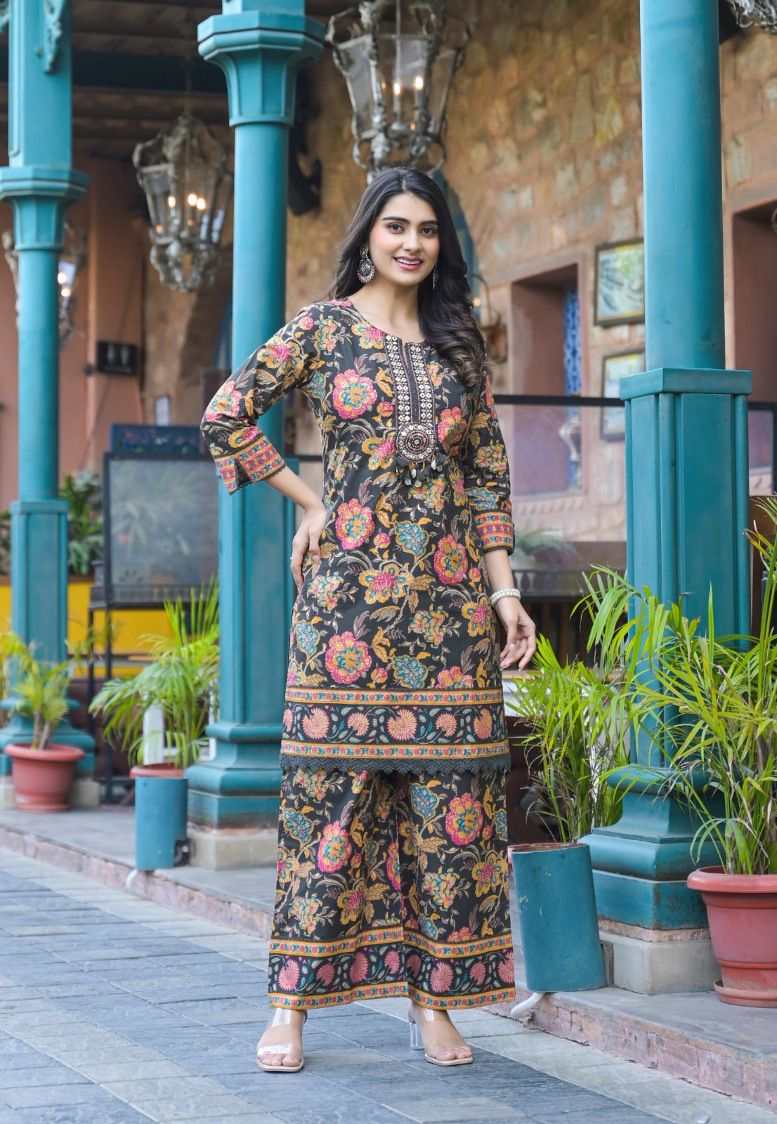 Cotton Flower Print Embroidered Neck Kurta Pant-08502-08486