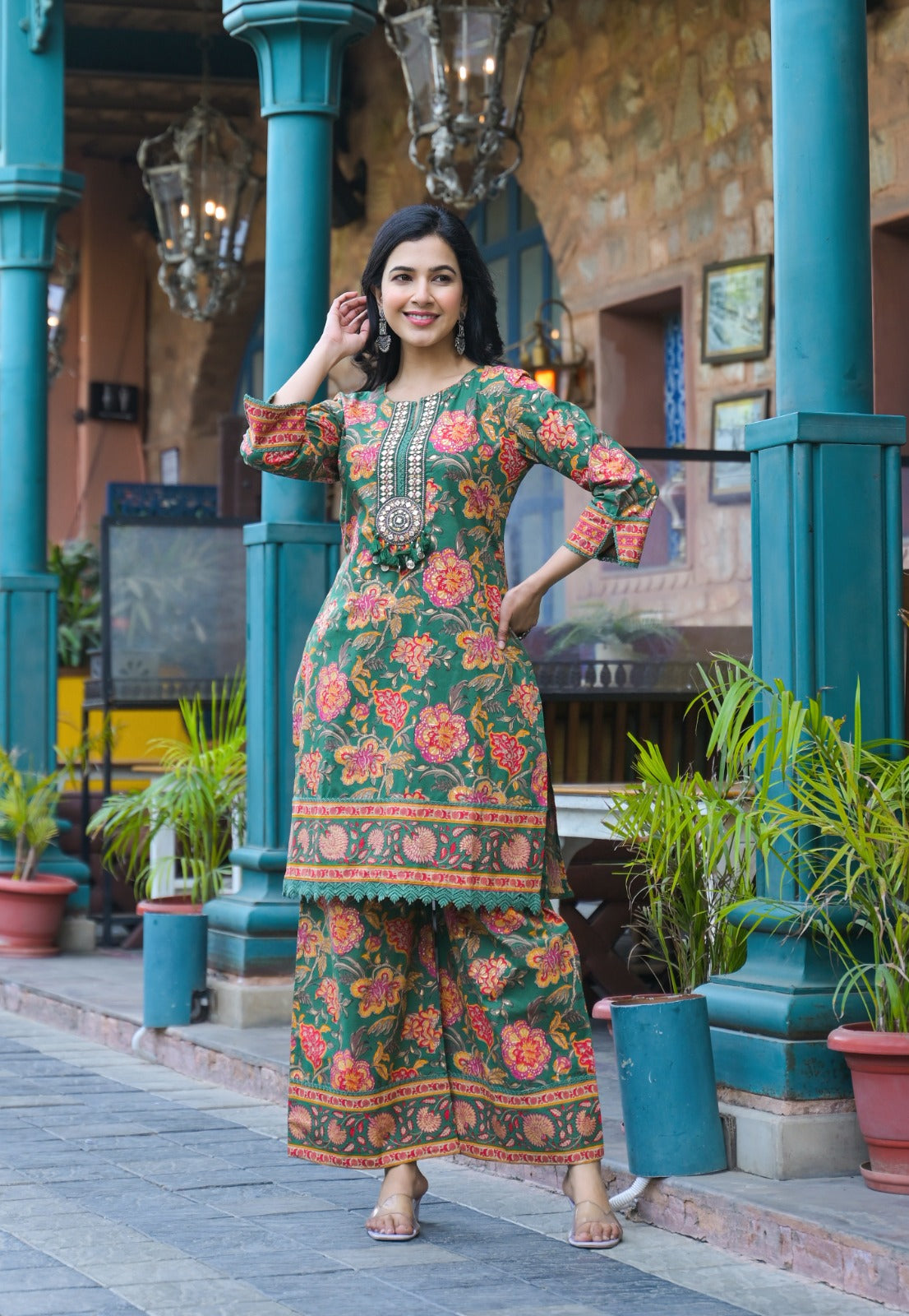 Cotton Flower Print Embroidered Neck Kurta Pant-08502-08486