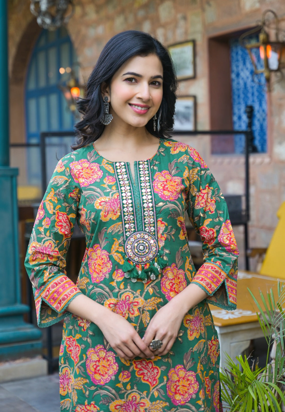 Cotton Flower Print Embroidered Neck Kurta Pant-08502-08486