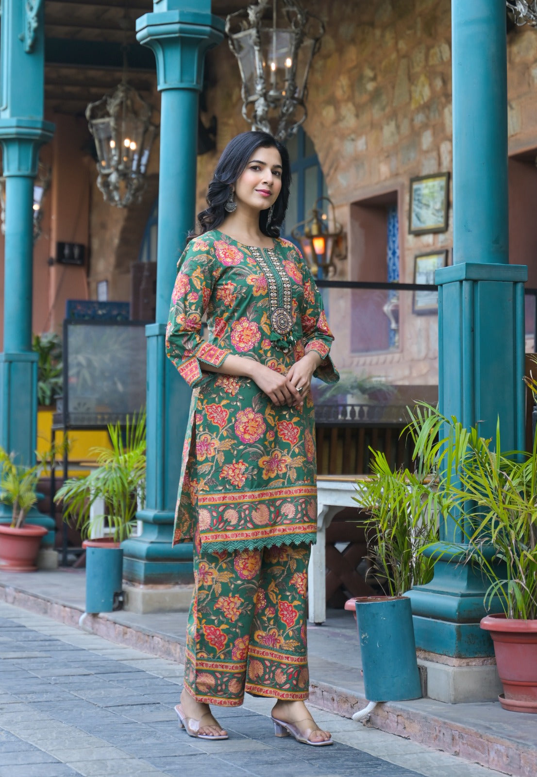 Cotton Flower Print Embroidered Neck Kurta Pant-08502-08486