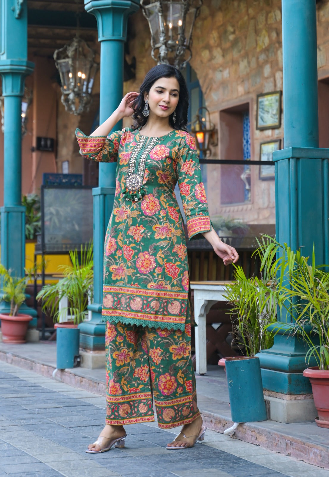 Cotton Flower Print Embroidered Neck Kurta Pant-08502-08486