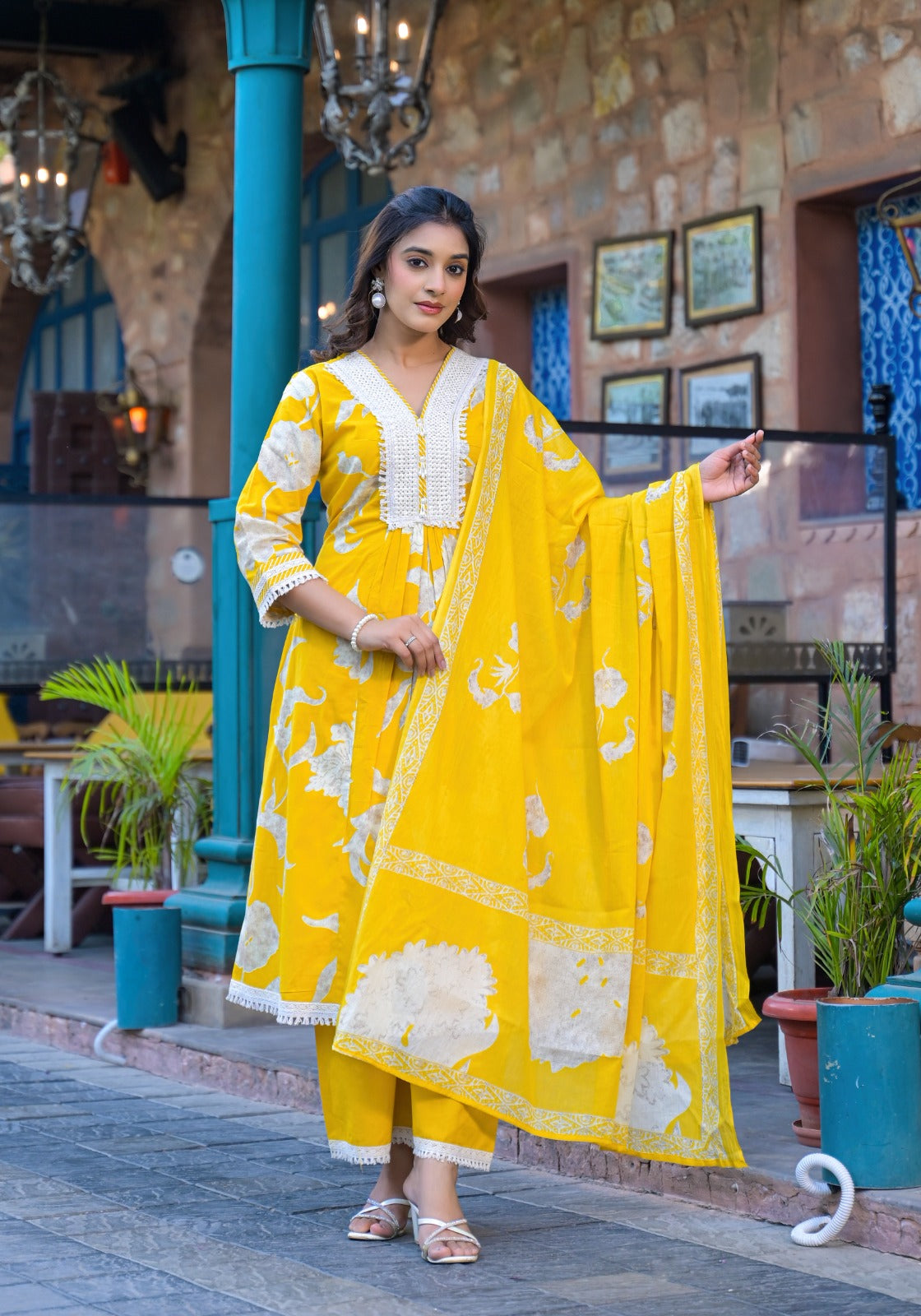 Pearl Embroidered Floral Print A-Line Cotton Kurta Set with Matching Pants and Dupatta-08693