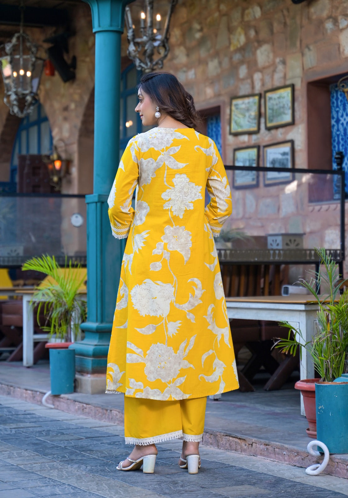 Pearl Embroidered Floral Print A-Line Cotton Kurta Set with Matching Pants and Dupatta-08693