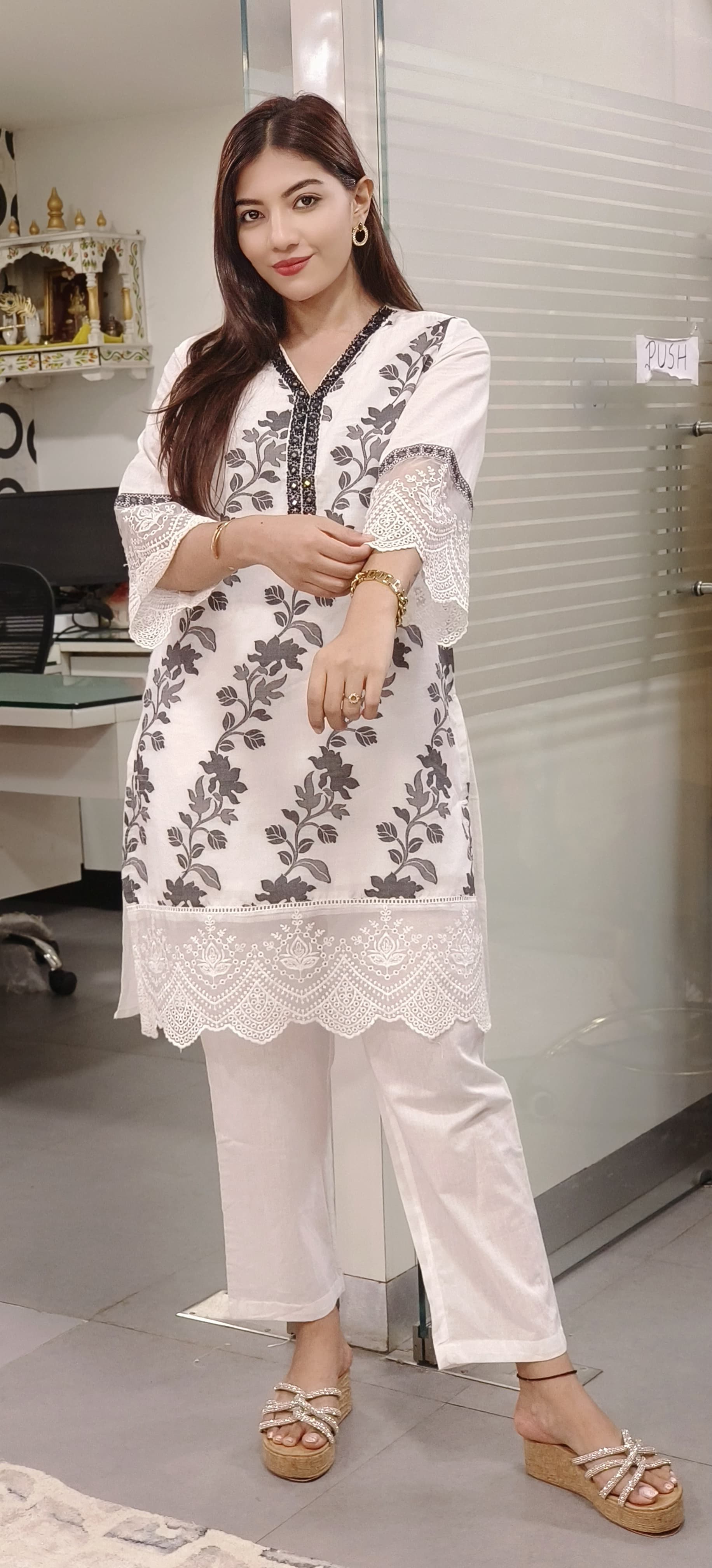 Timeless Braso Cotton Weaving Fabric Pearl Foil mirror Embroidered Kurta-Pant Set-09390,09389