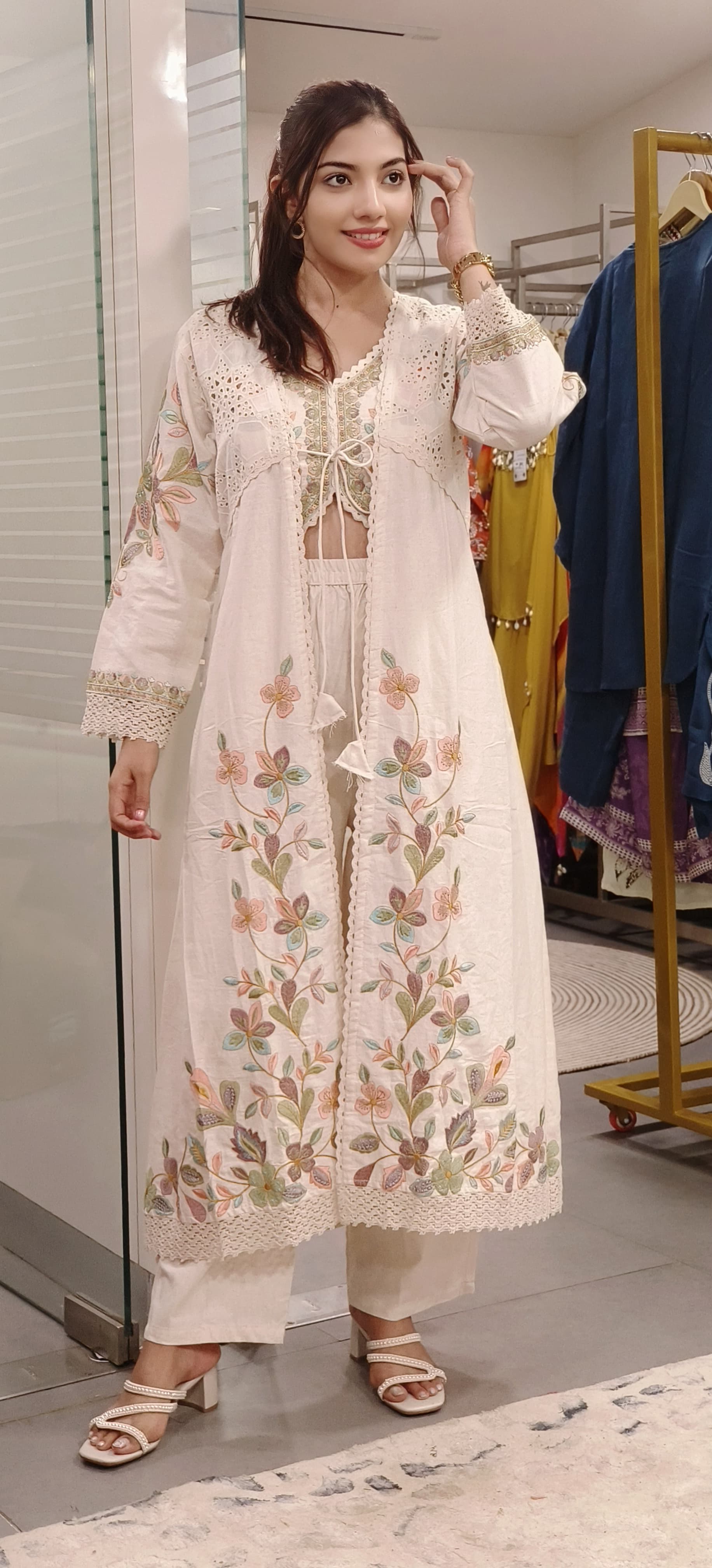 Graceful Flex Cotton Embroidered Crop Top, Palazzo, and Shrug Set for Effortless Elegance-9356