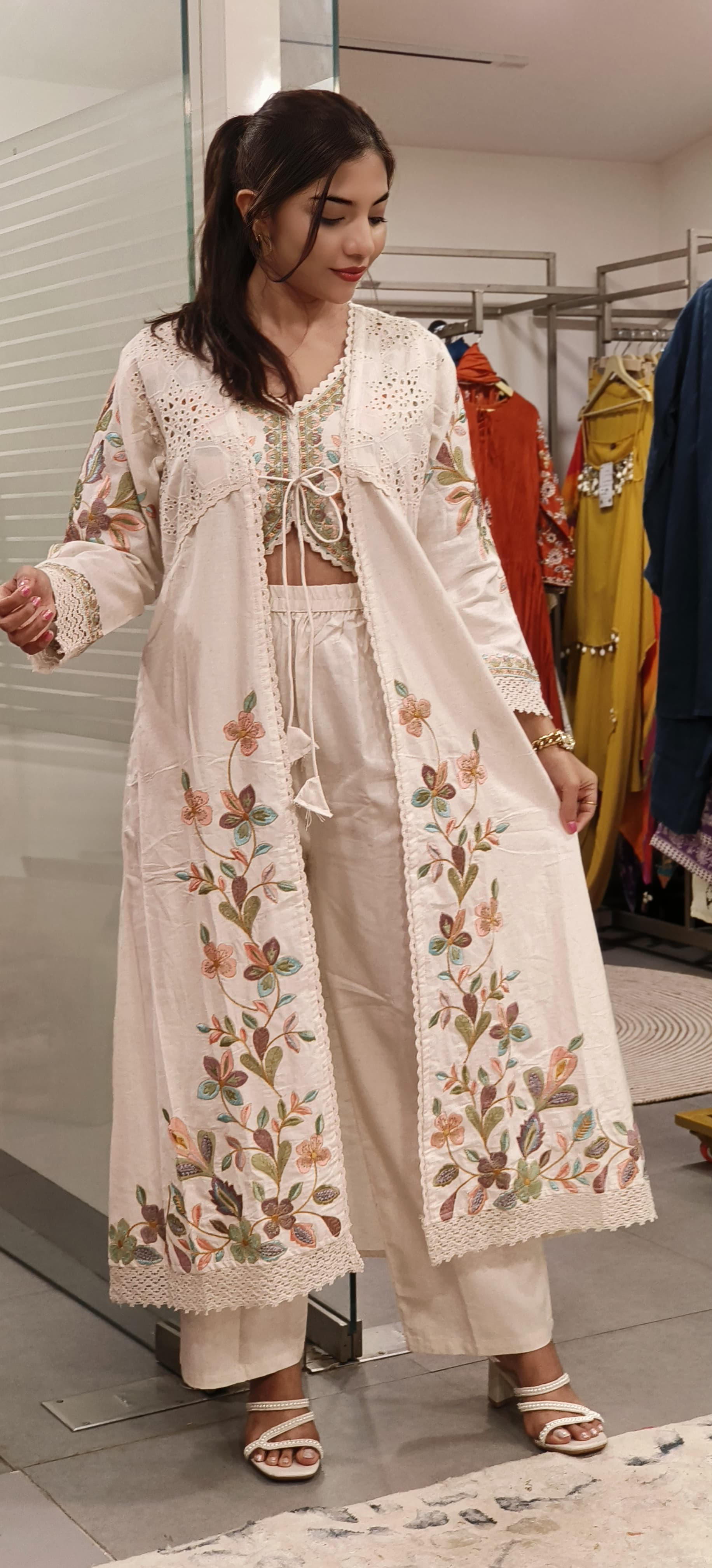 Graceful Flex Cotton Embroidered Crop Top, Palazzo, and Shrug Set for Effortless Elegance-9356