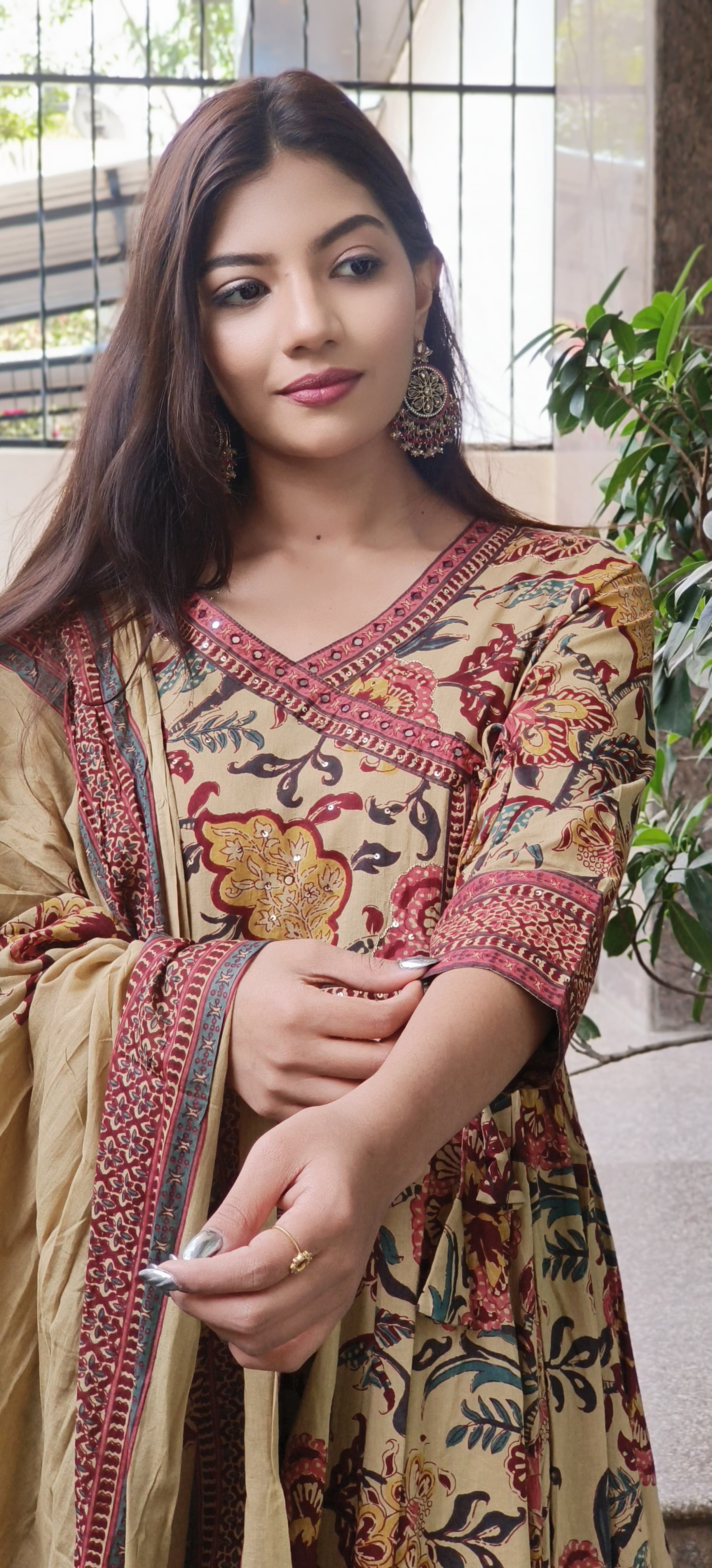 Floral Printed Anarkali Dress with Intricate Border Detailing