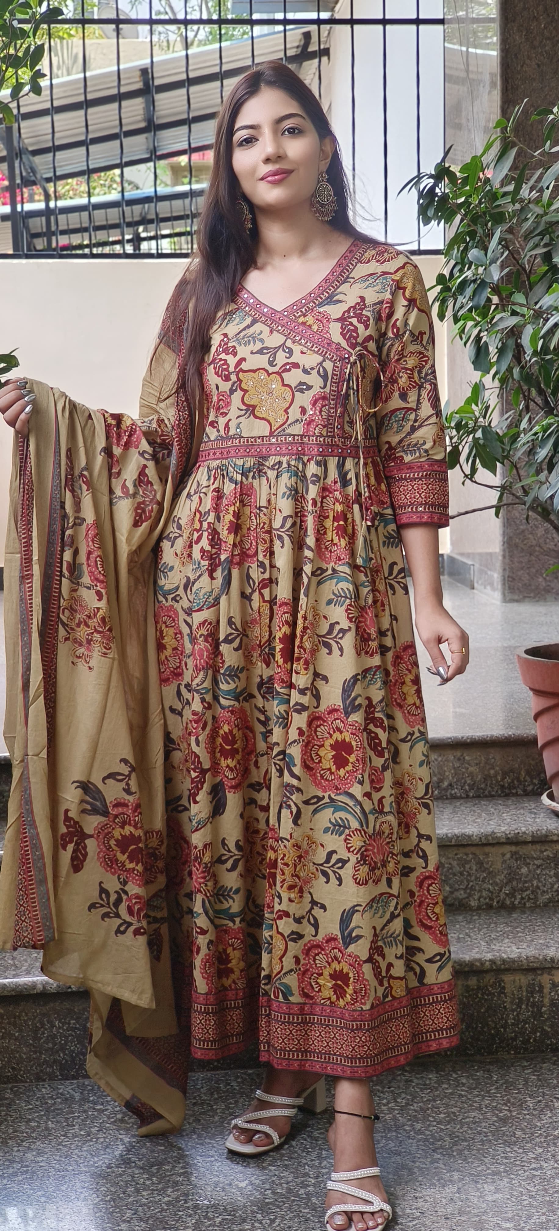 Floral Printed Anarkali Dress with Intricate Border Detailing