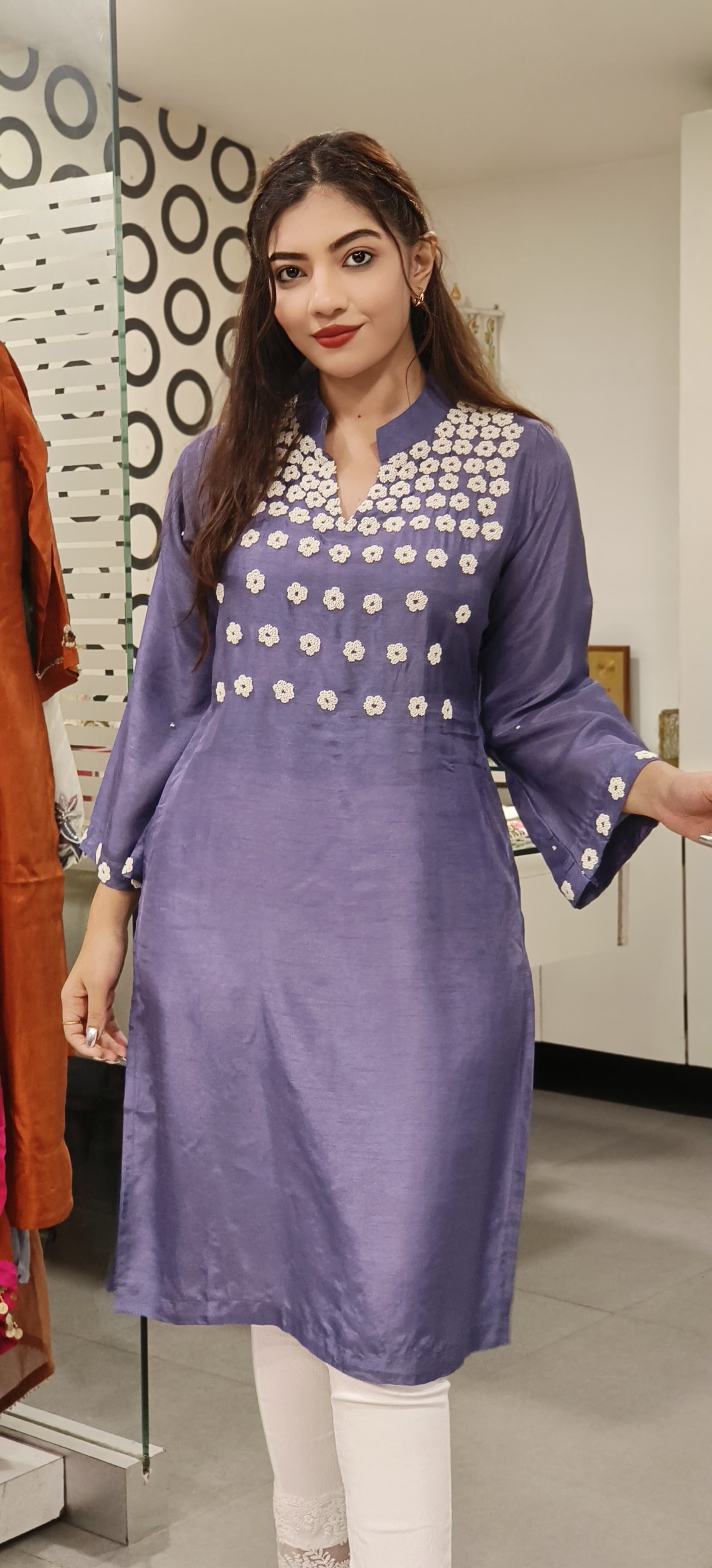 Dola Silk Pearl Hand Embroidered Manderian Collar Only Kurti- Dispatching after 15 Days