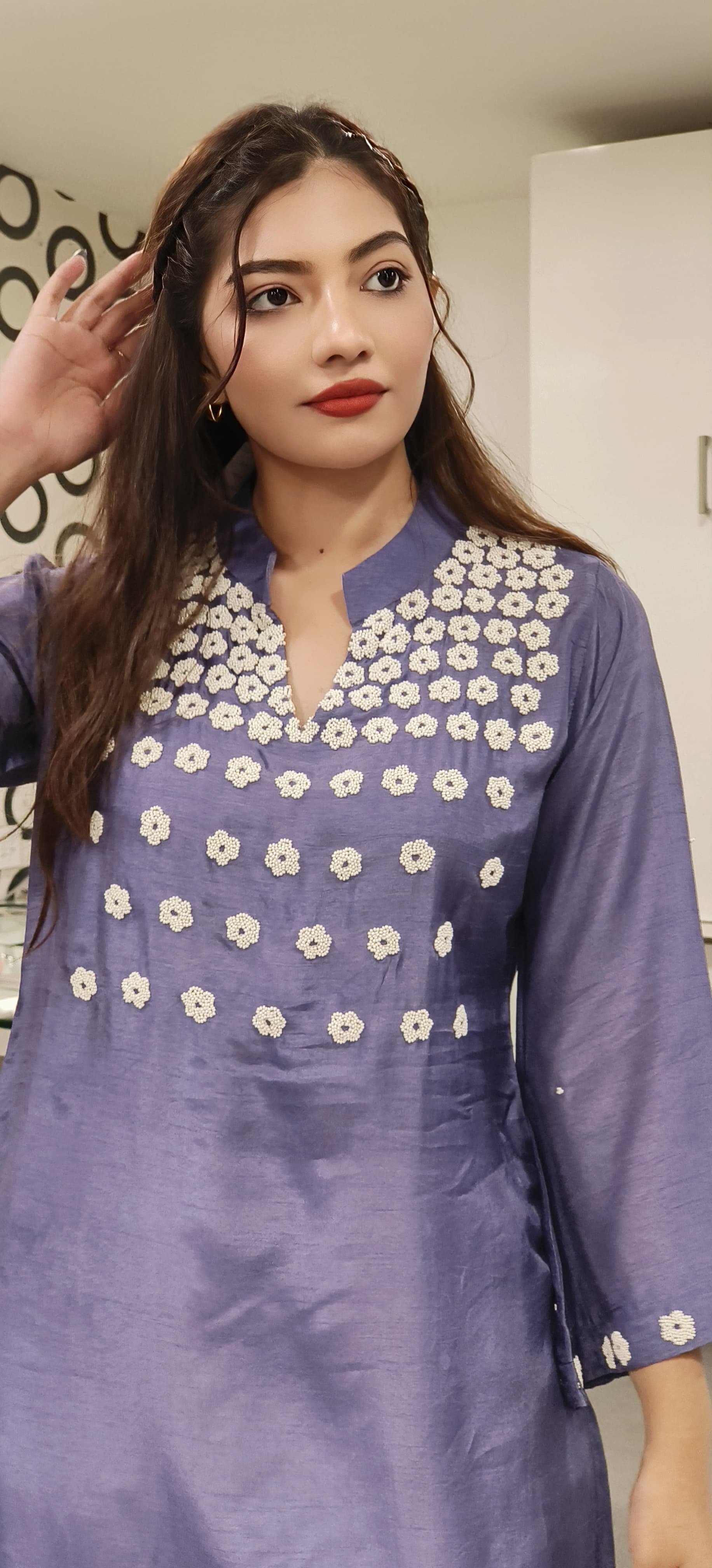 Dola Silk Pearl Hand Embroidered Manderian Collar Only Kurti- Dispatching after 15 Days