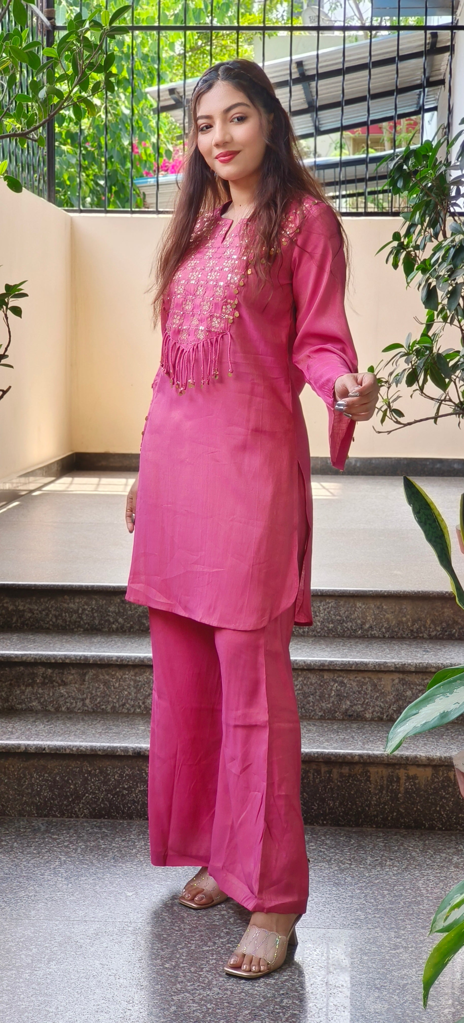 Elegant Sage Green Mudal Muslin Kurta Set with Embellished Embroidered Yoke Detailing 9481