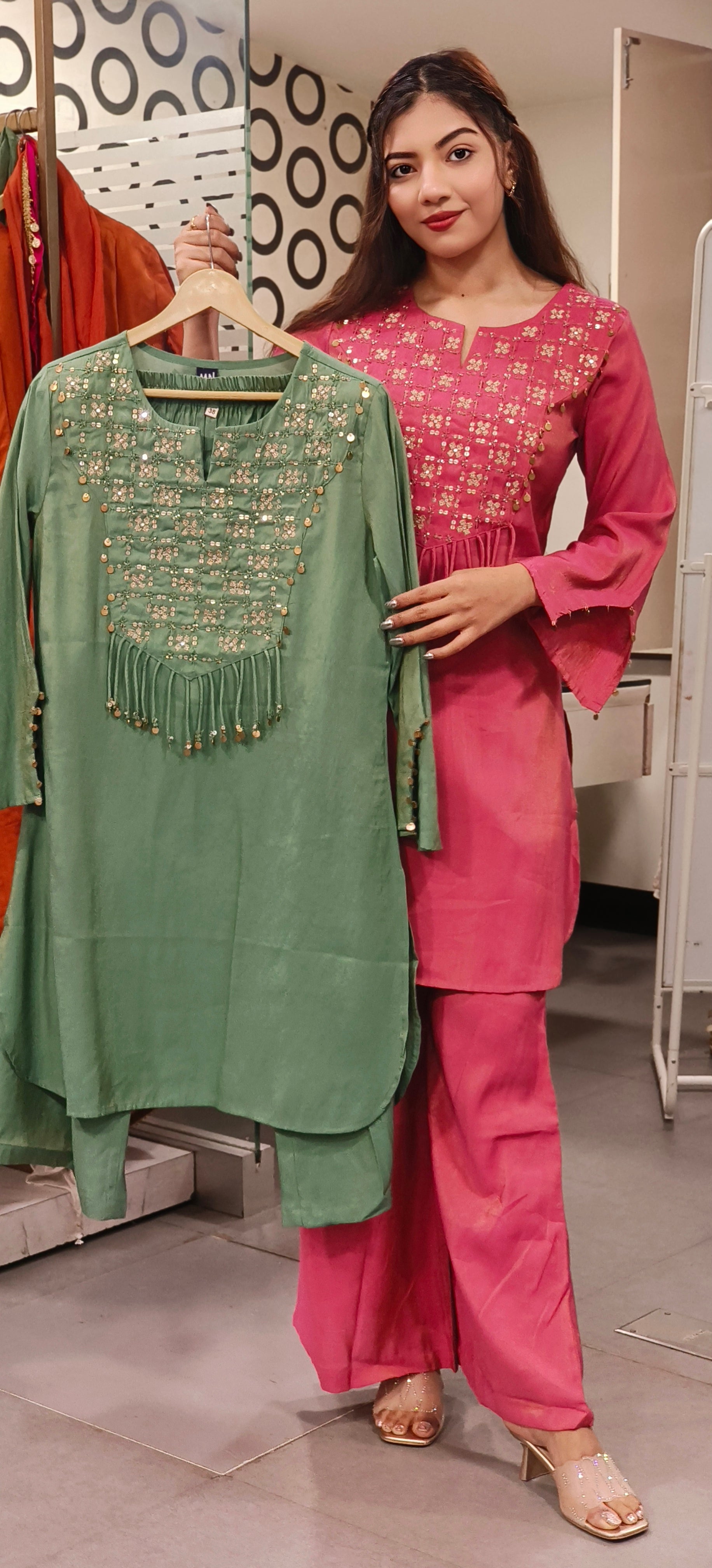 Elegant Sage Green Mudal Muslin Kurta Set with Embellished Embroidered Yoke Detailing 9481