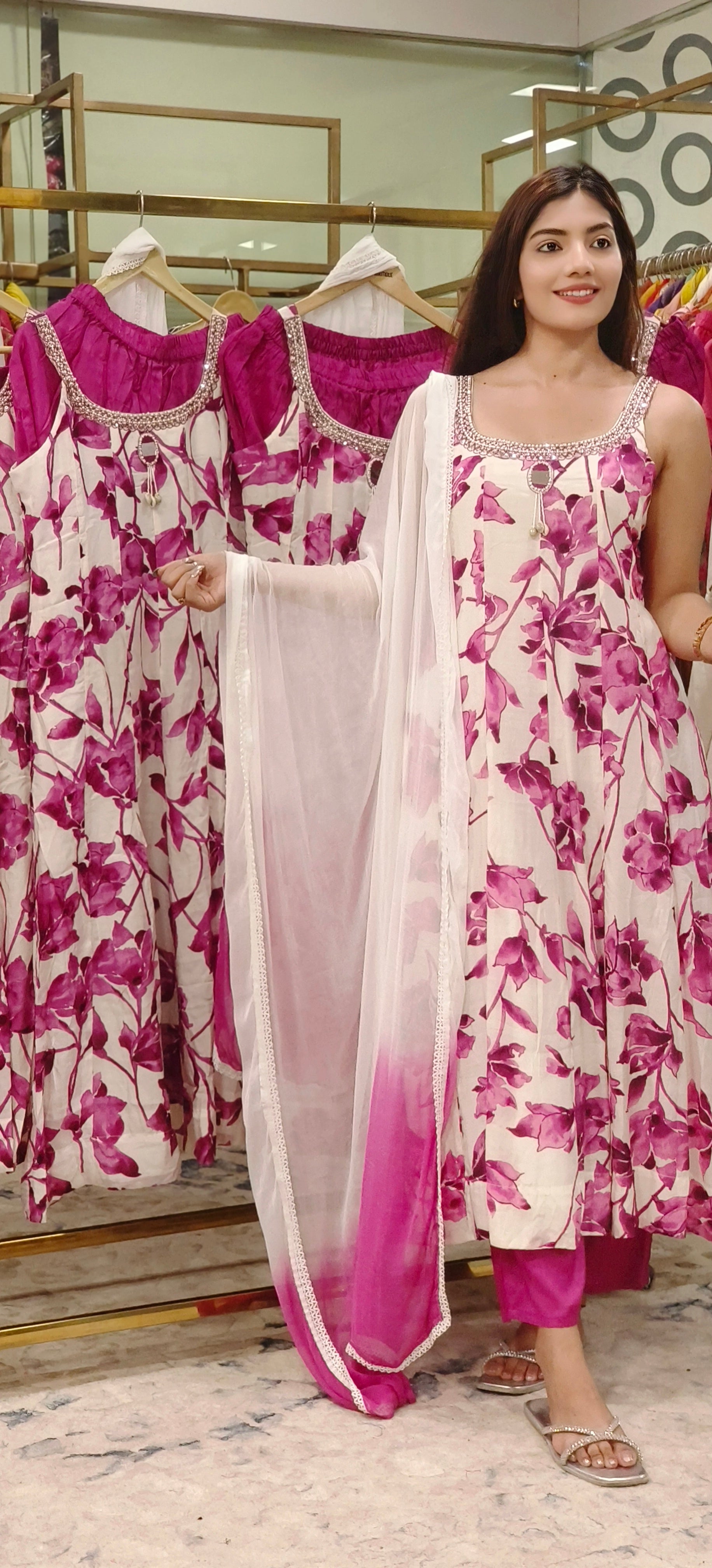 Premium Quality Muslin Floral Panel Anarkali Sleeveless Full Suit Set Inside Separate Sleeves Attached_9768