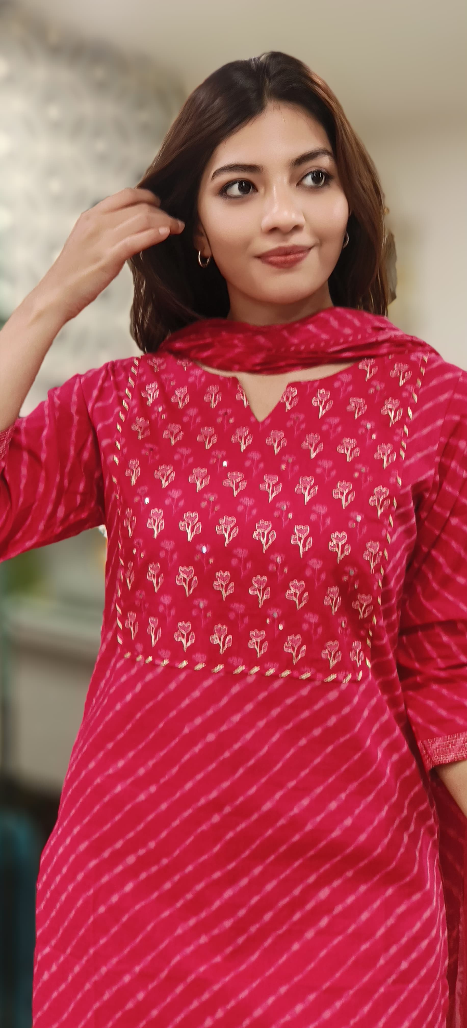Floral Printed Full Suit Set With Dupatta In Cotton Fabric-10303