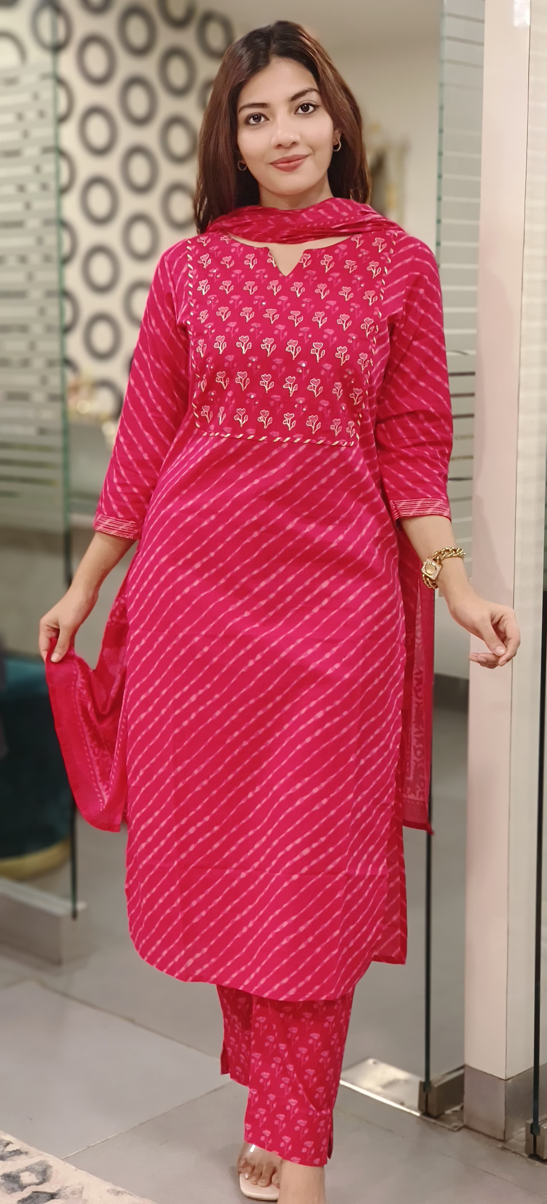 Floral Printed Full Suit Set With Dupatta In Cotton Fabric-10303