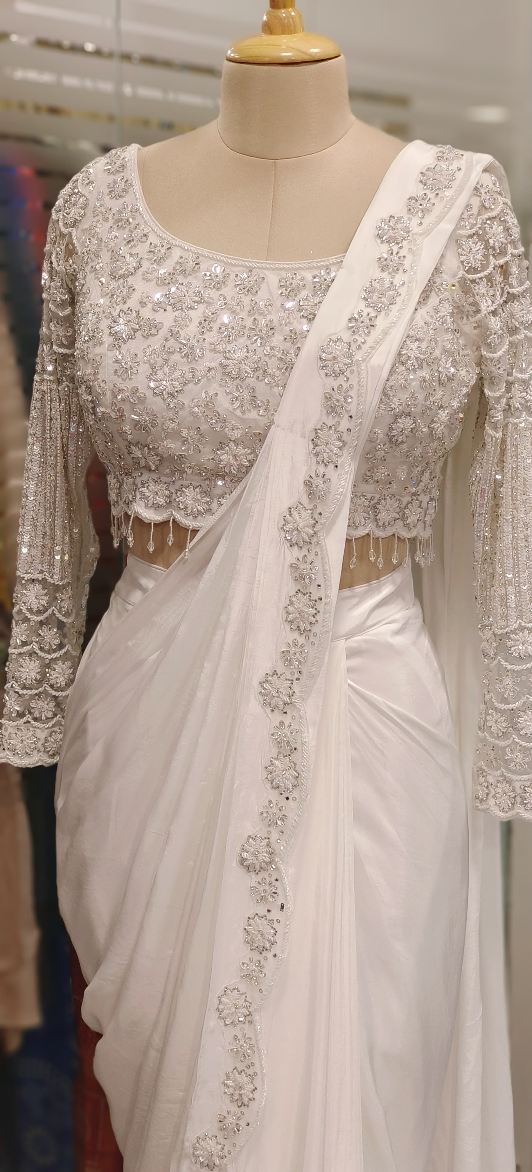 White Embellished Drape Saree with Hand-Embroidered Designer Blouse – Effortless Elegance