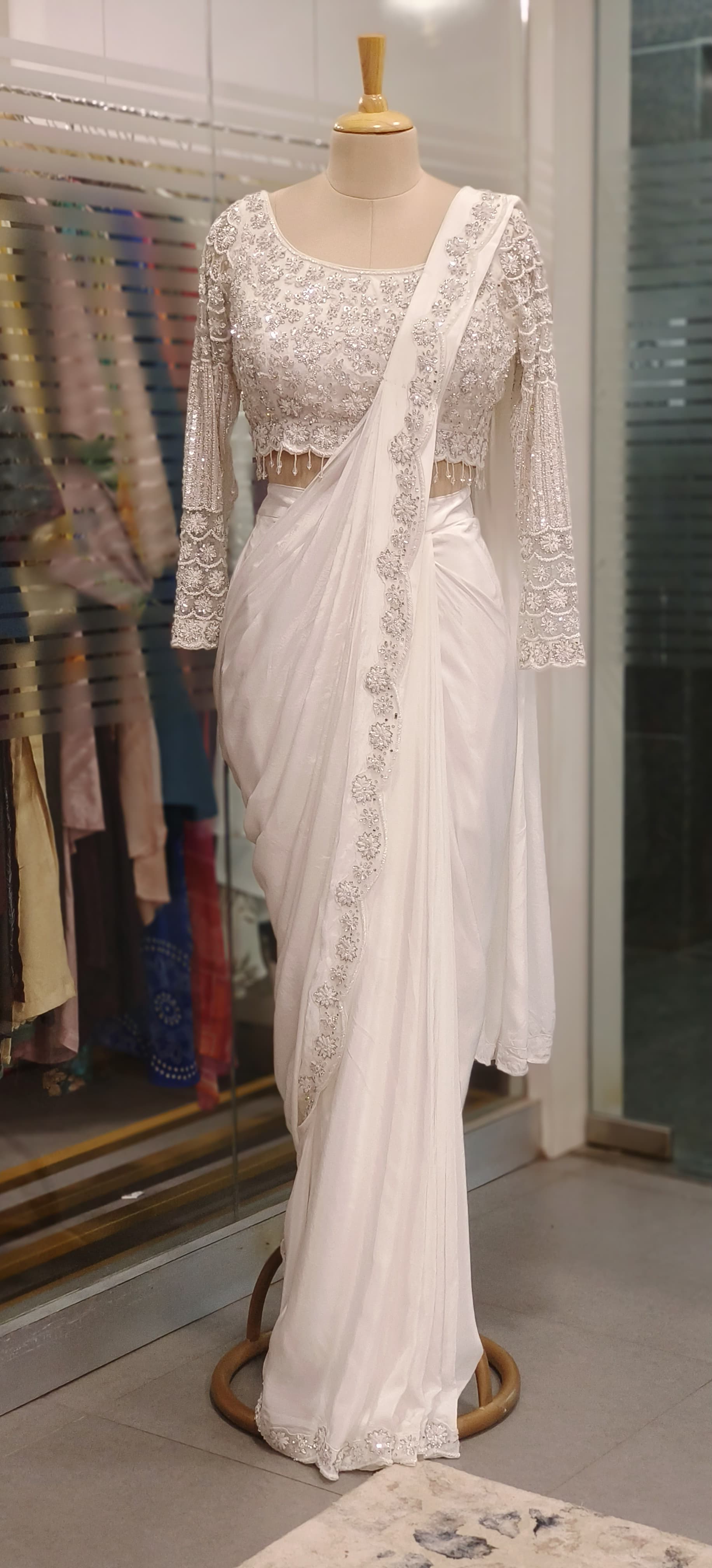 White Embellished Drape Saree with Hand-Embroidered Designer Blouse – Effortless Elegance