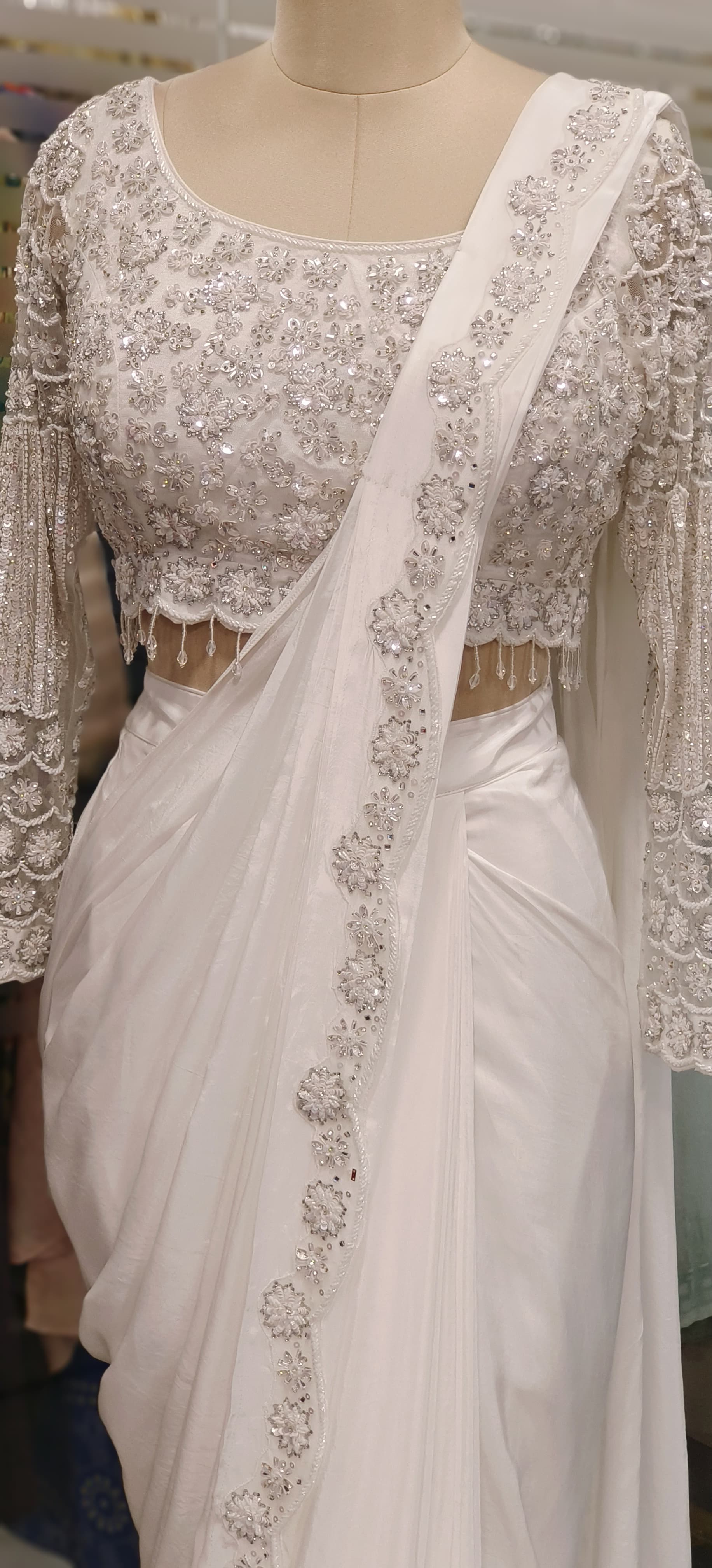 White Embellished Drape Saree with Hand-Embroidered Designer Blouse – Effortless Elegance