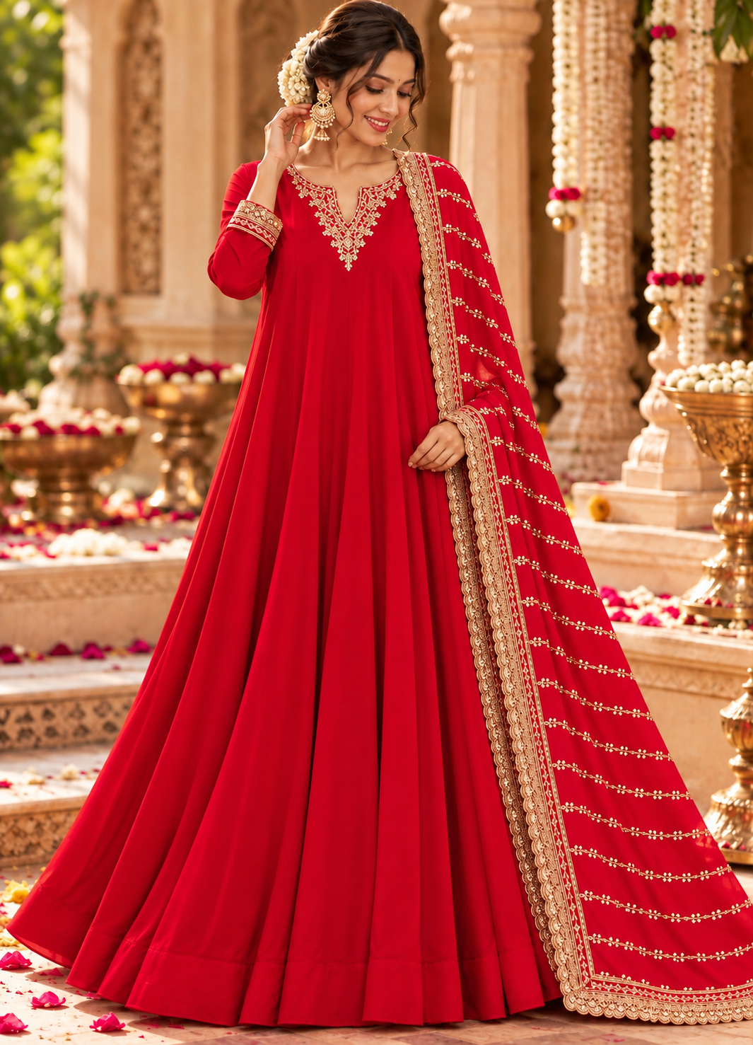 Vibrant Red Georgette Anarkali Full Suit Set with Zardozi Embroidered Neckline & Heavy Hand-Embellished Border Dupatta- 16629