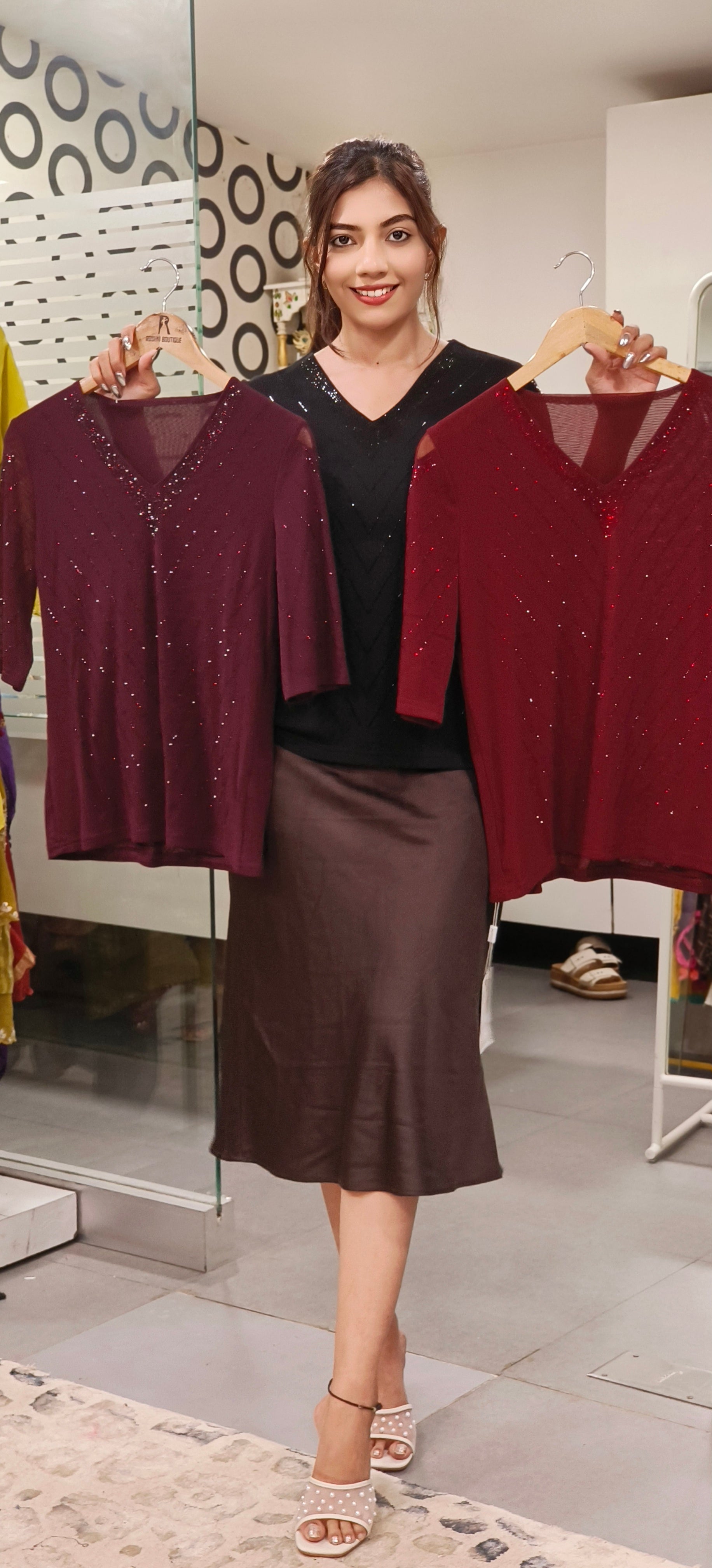 V Neck Shimmery Beads Work Top