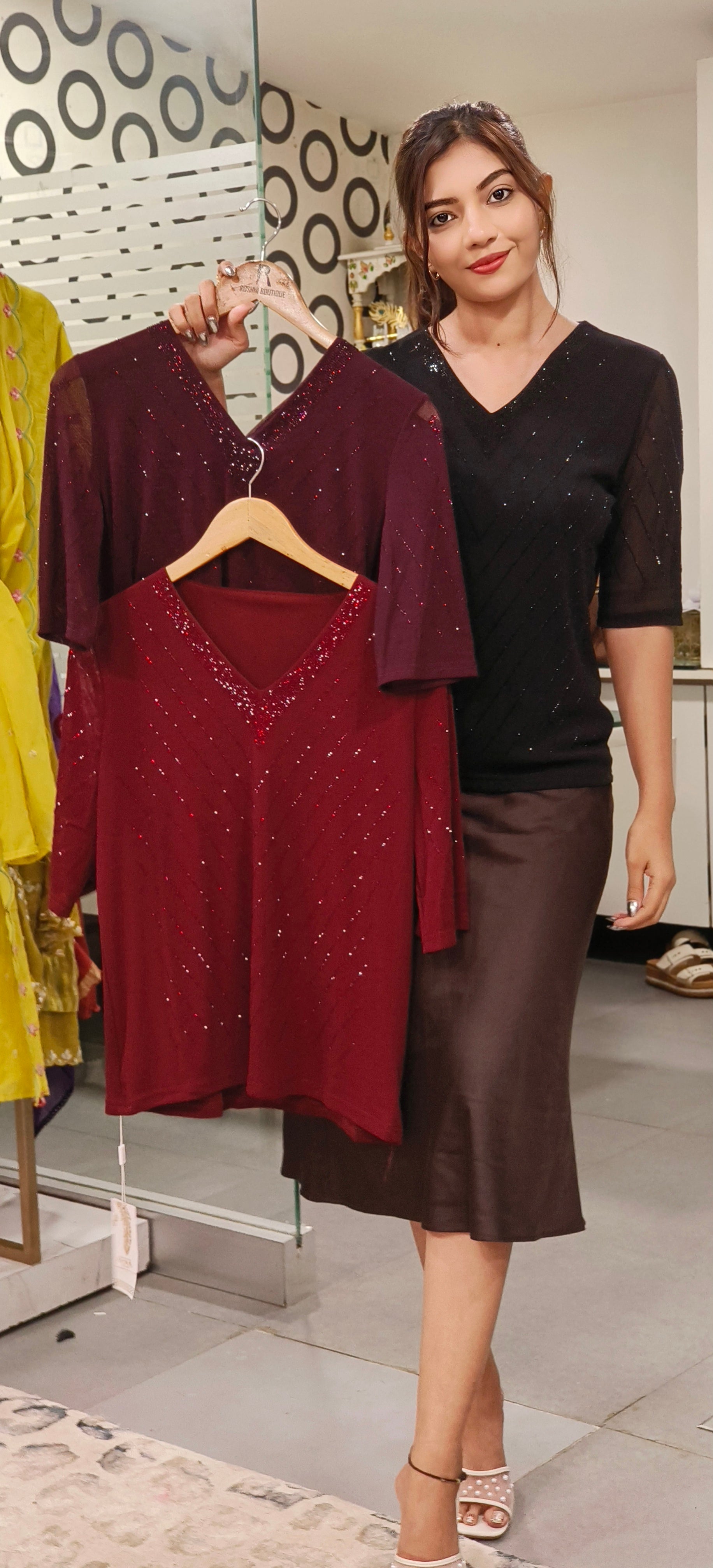 V Neck Shimmery Beads Work Top