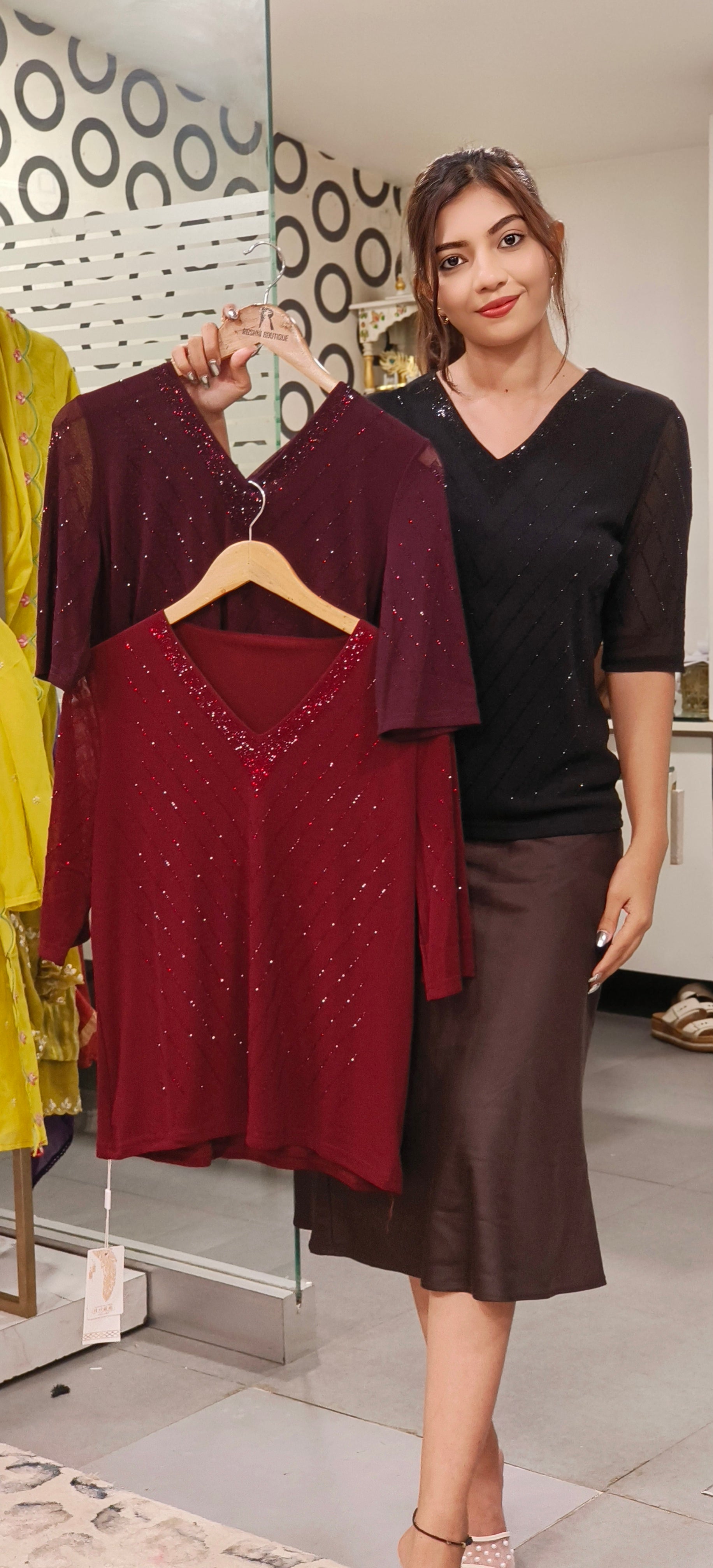 V Neck Shimmery Beads Work Top