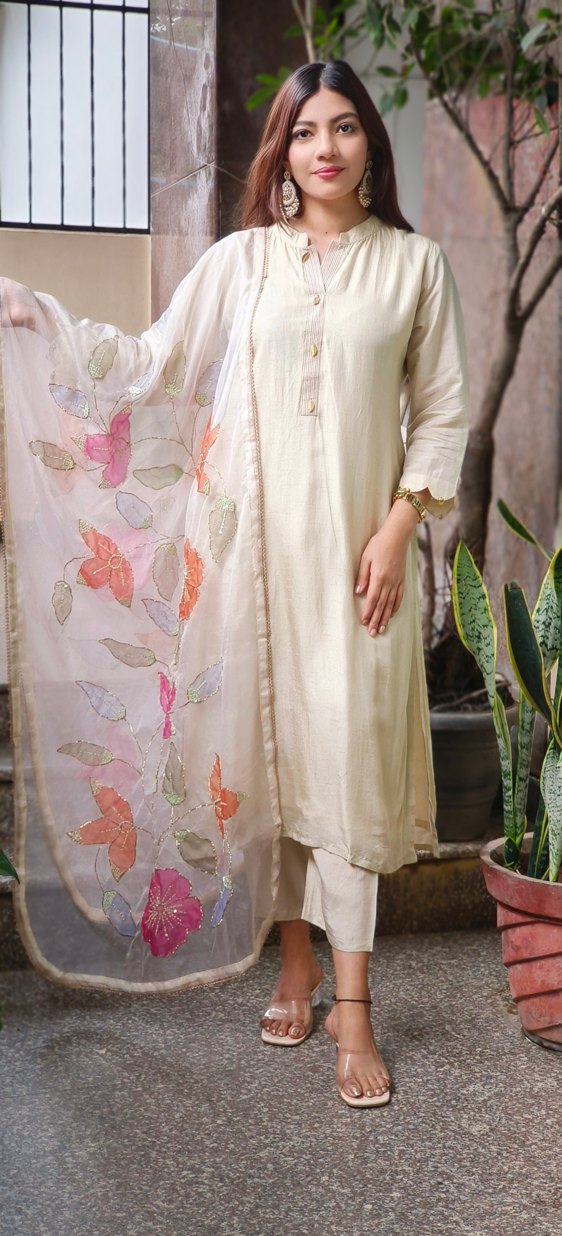 Royal Straight-Cut Silk Kurta Set with Floral Embroidered Organza Dupatta and Subtle Neckline Detailing