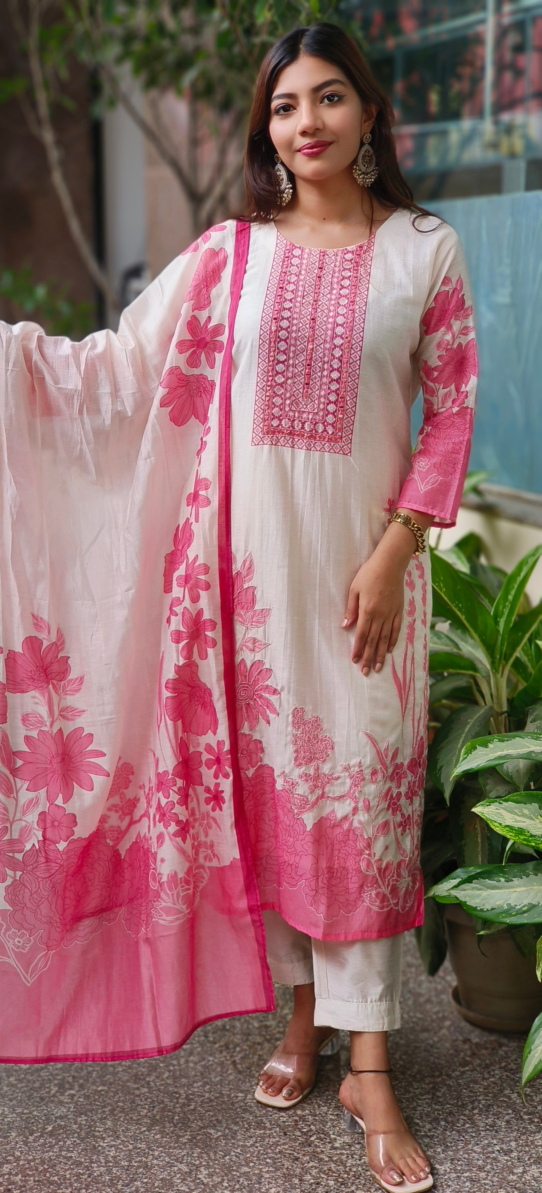 Graceful Cream & Pink Floral Embroidered Modal Muslin Kurta Set with Printed Dupatta & Subtle Detailing