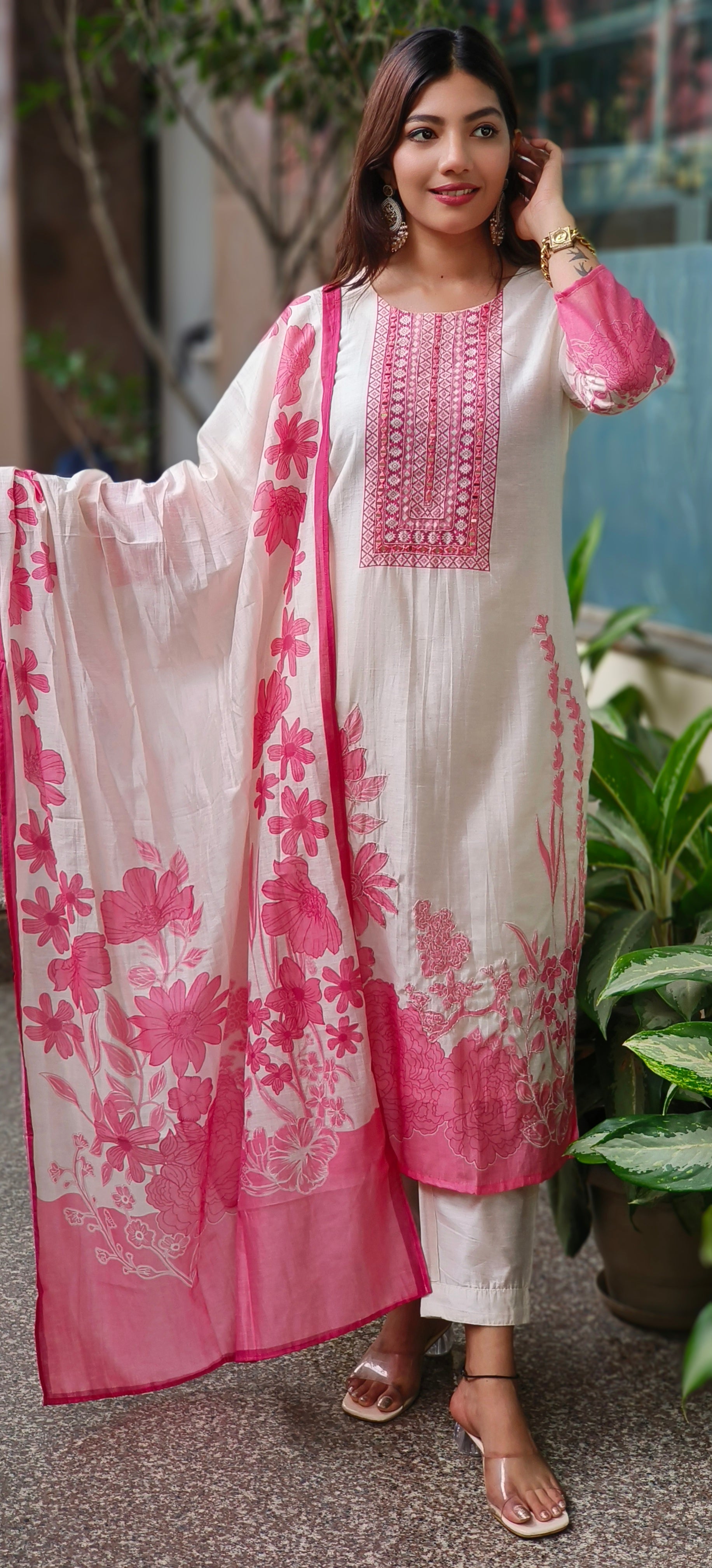 Graceful Cream & Pink Floral Embroidered Modal Muslin Kurta Set with Printed Dupatta & Subtle Detailing