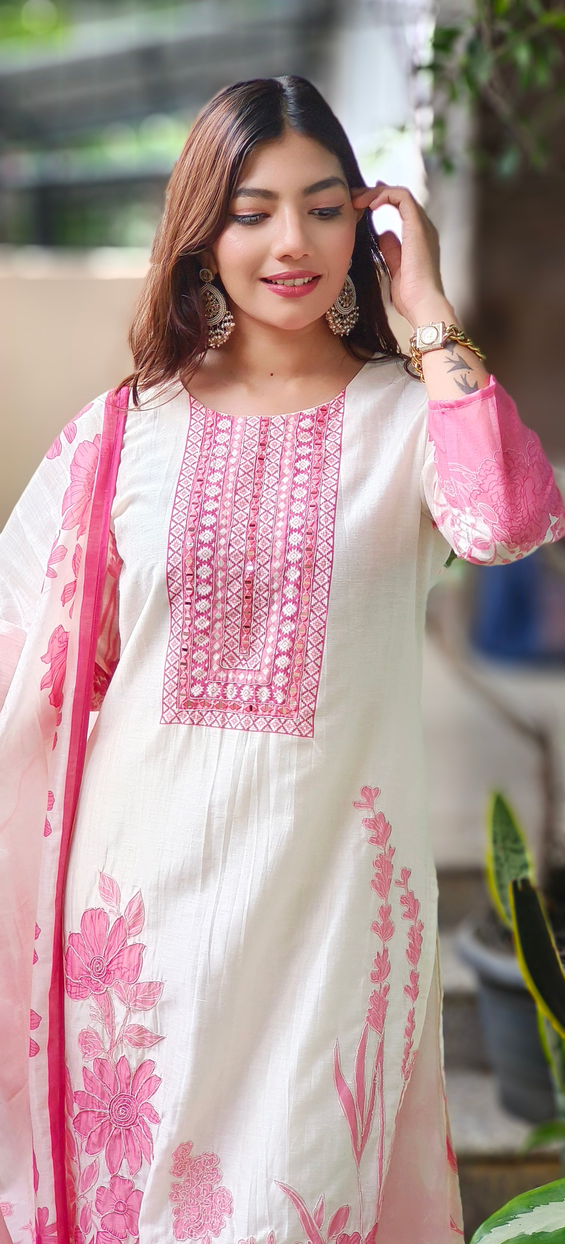 Graceful Cream & Pink Floral Embroidered Modal Muslin Kurta Set with Printed Dupatta & Subtle Detailing