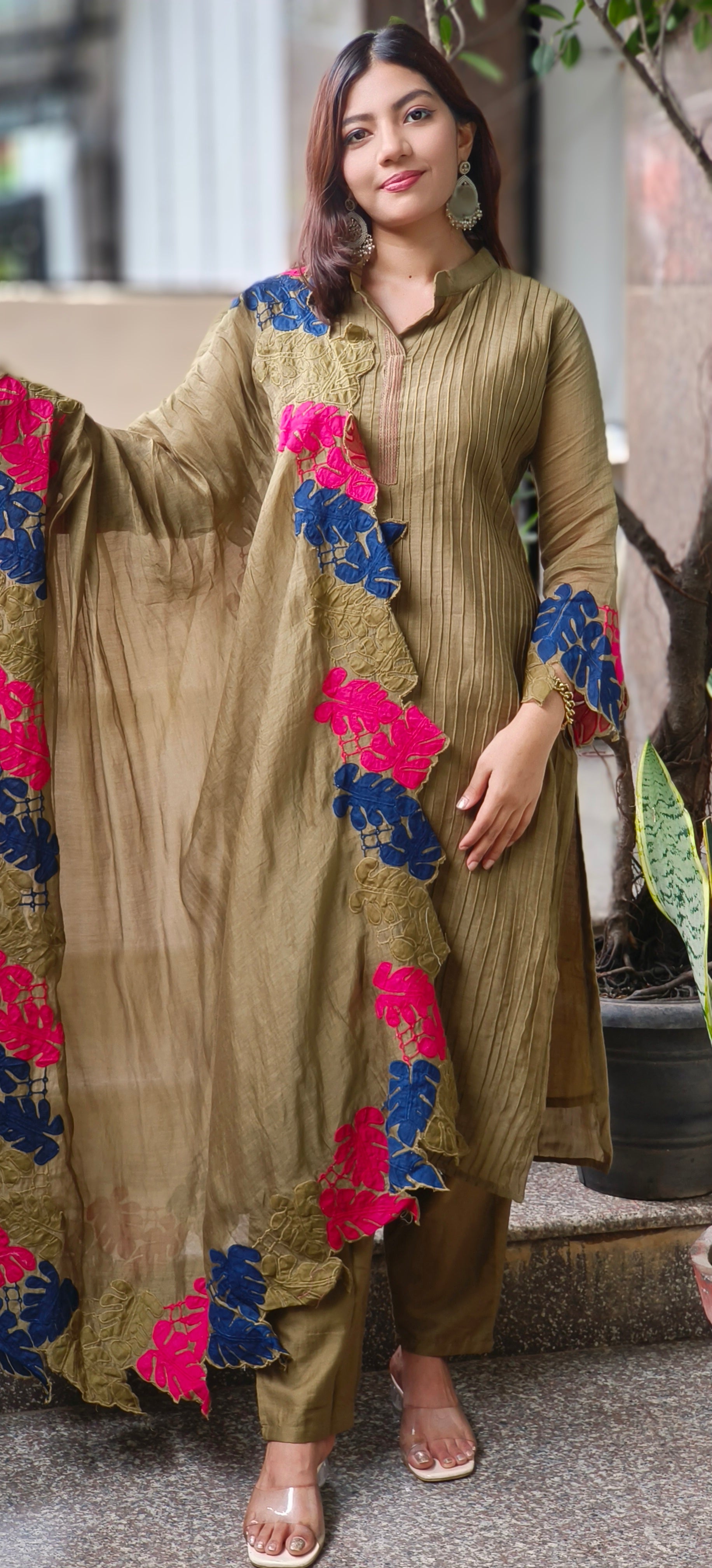 Mulchanderi Straight Kurta Set with Fine Pintuck Detailing and Contrast Leaf Cut Work Dupatta