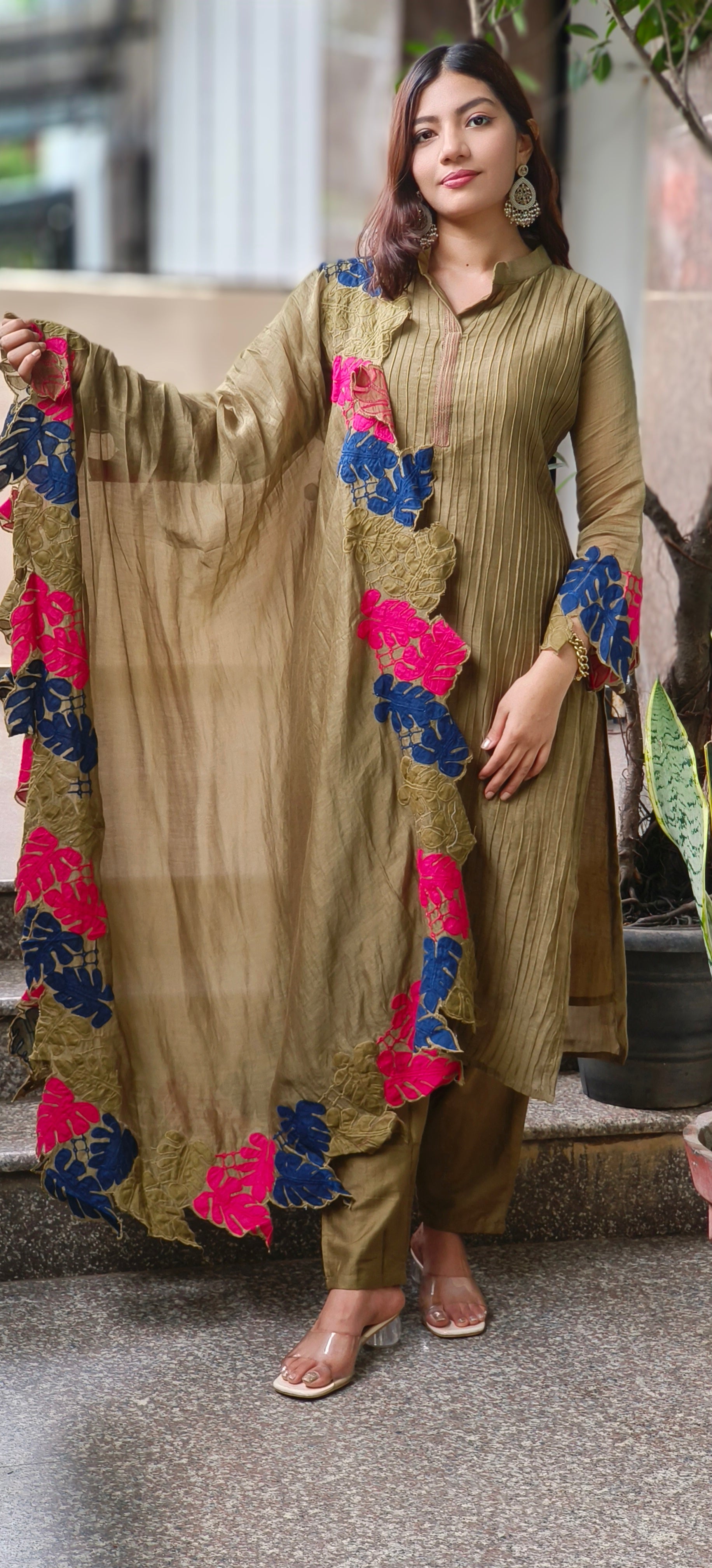 Mulchanderi Straight Kurta Set with Fine Pintuck Detailing and Contrast Leaf Cut Work Dupatta