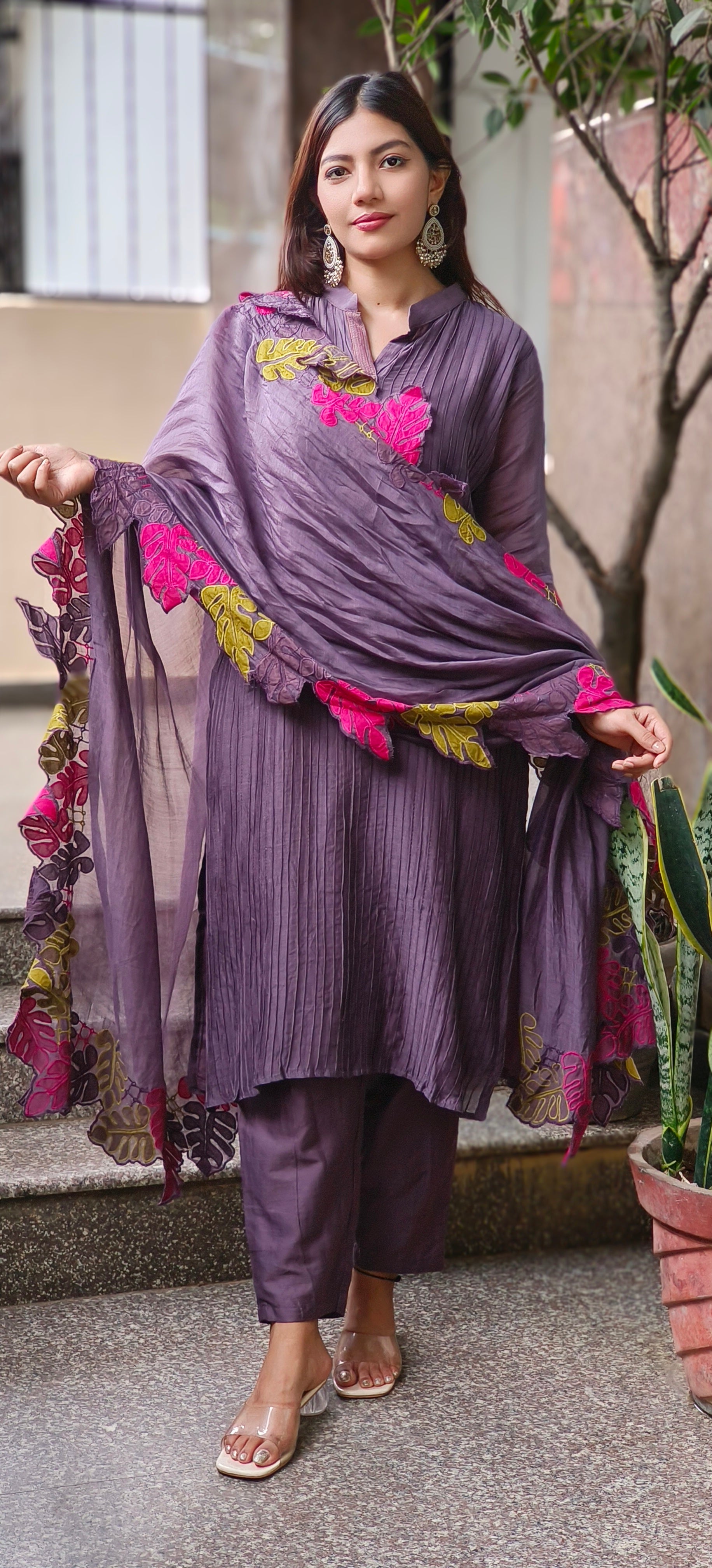 Mulchanderi Straight Kurta Set with Fine Pintuck Detailing and Contrast Leaf Cut Work Dupatta