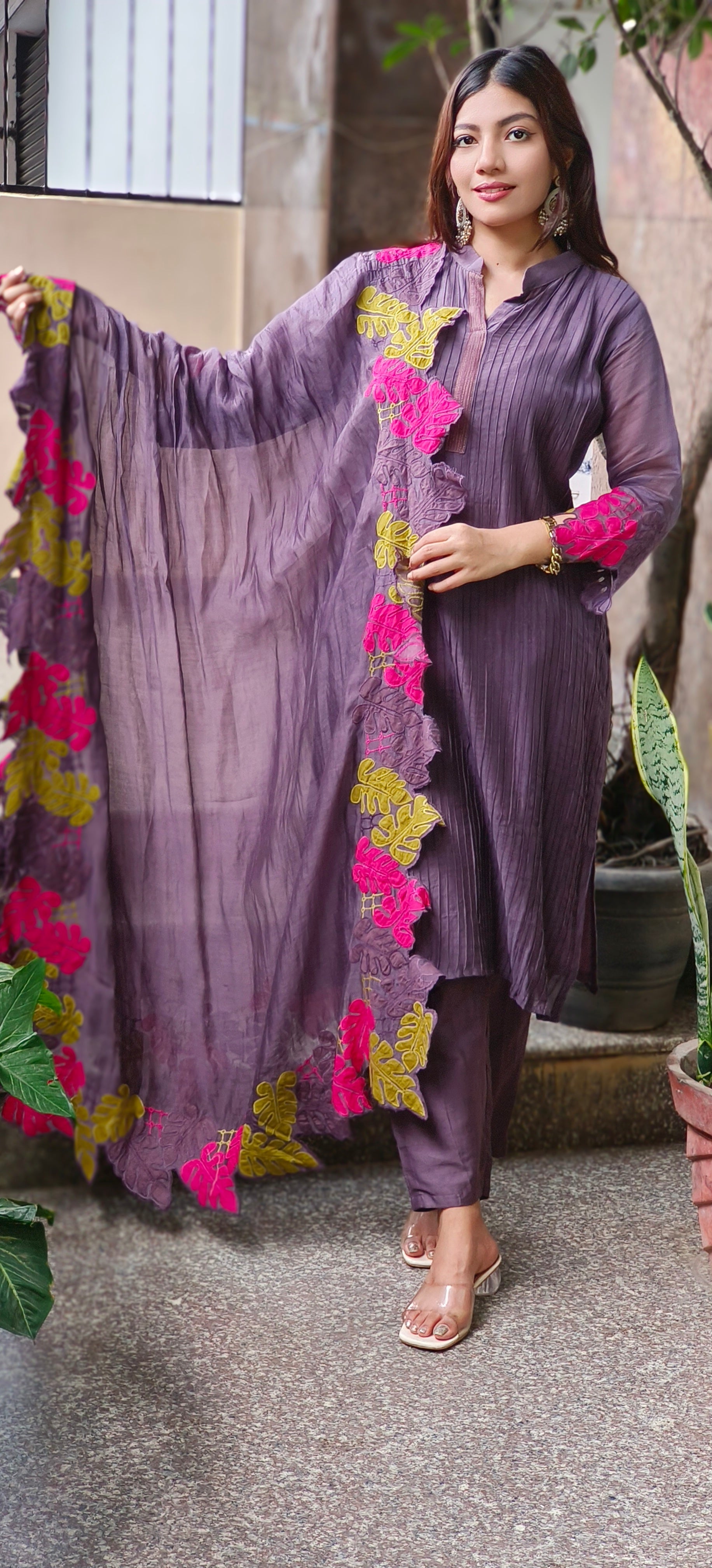 Mulchanderi Straight Kurta Set with Fine Pintuck Detailing and Contrast Leaf Cut Work Dupatta