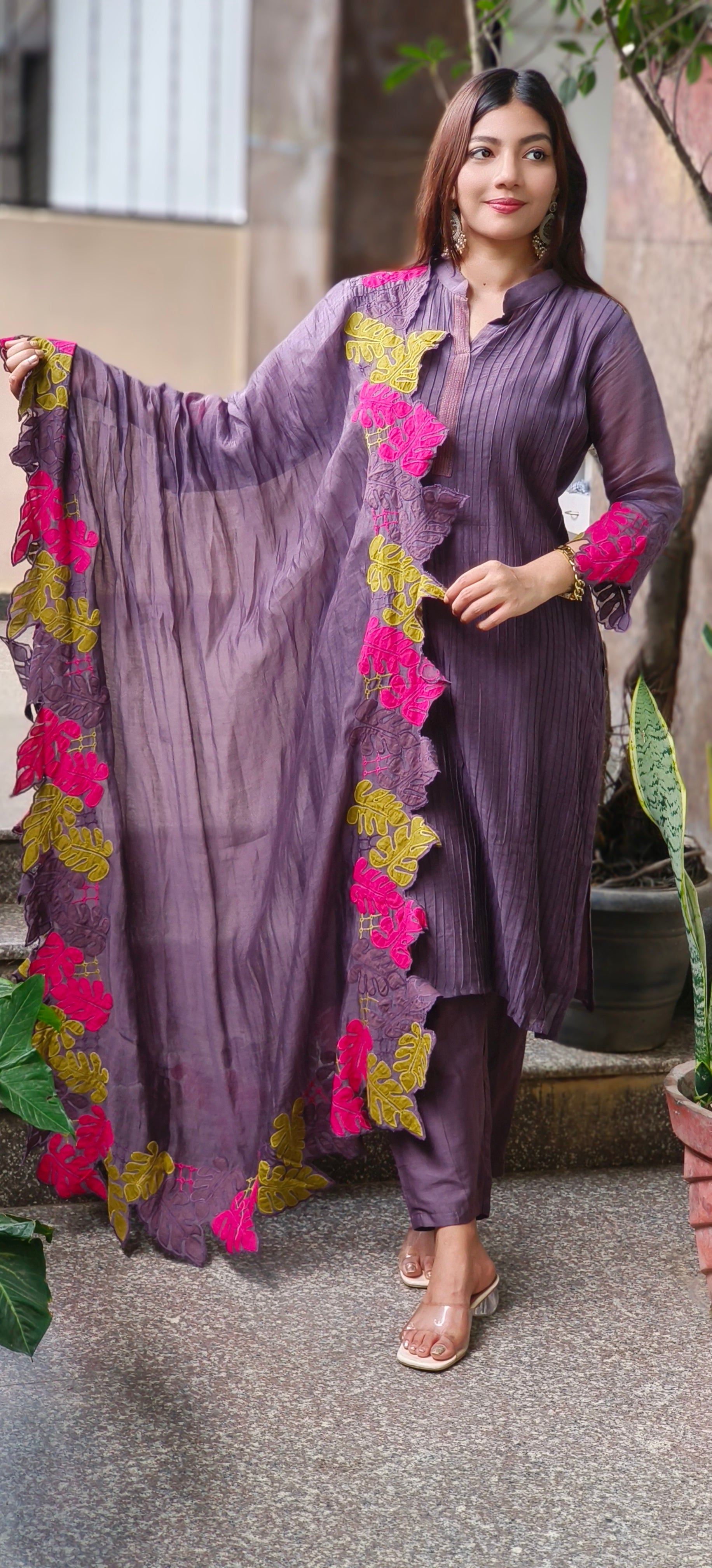 Mulchanderi Straight Kurta Set with Fine Pintuck Detailing and Contrast Leaf Cut Work Dupatta